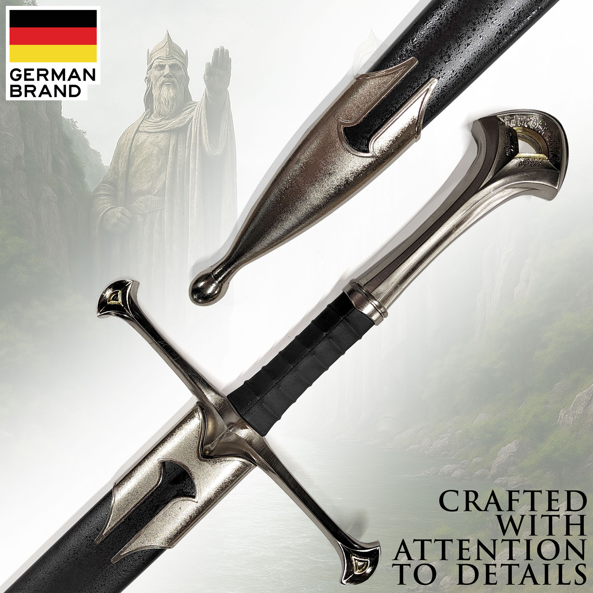 King Sword with Sheath, Handforged, Sharp Edge, Complete Set with Scabbard, Wall Plaque & Belt