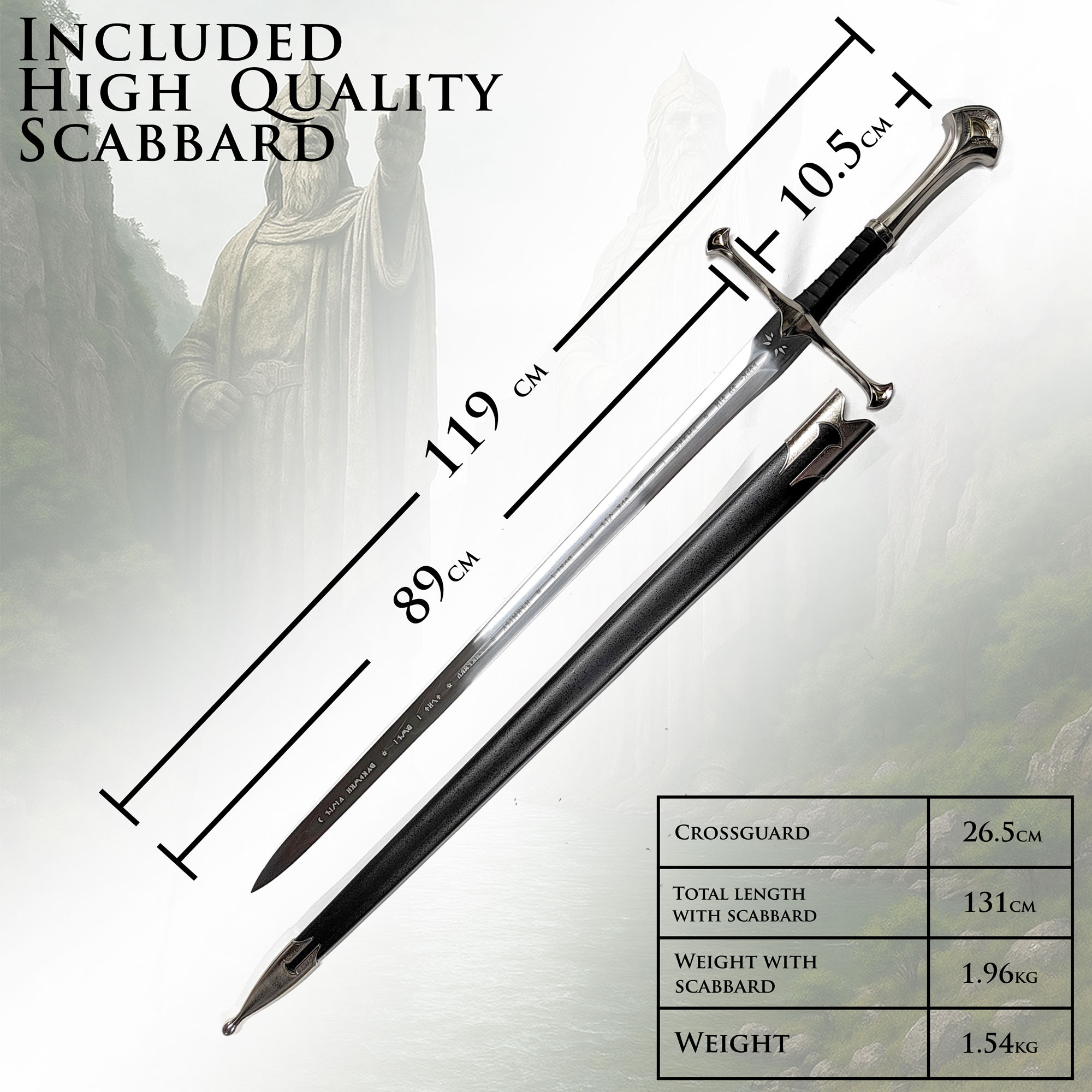 King Sword with Sheath, Handforged, Sharp Edge, Complete Set with Scabbard, Wall Plaque & Belt