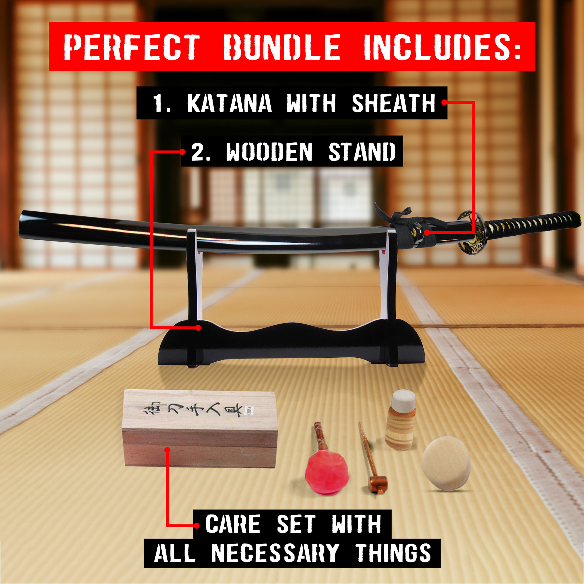 Samurai Complete Set (Akito Katana + Sword Stand + Sword Care Kit)