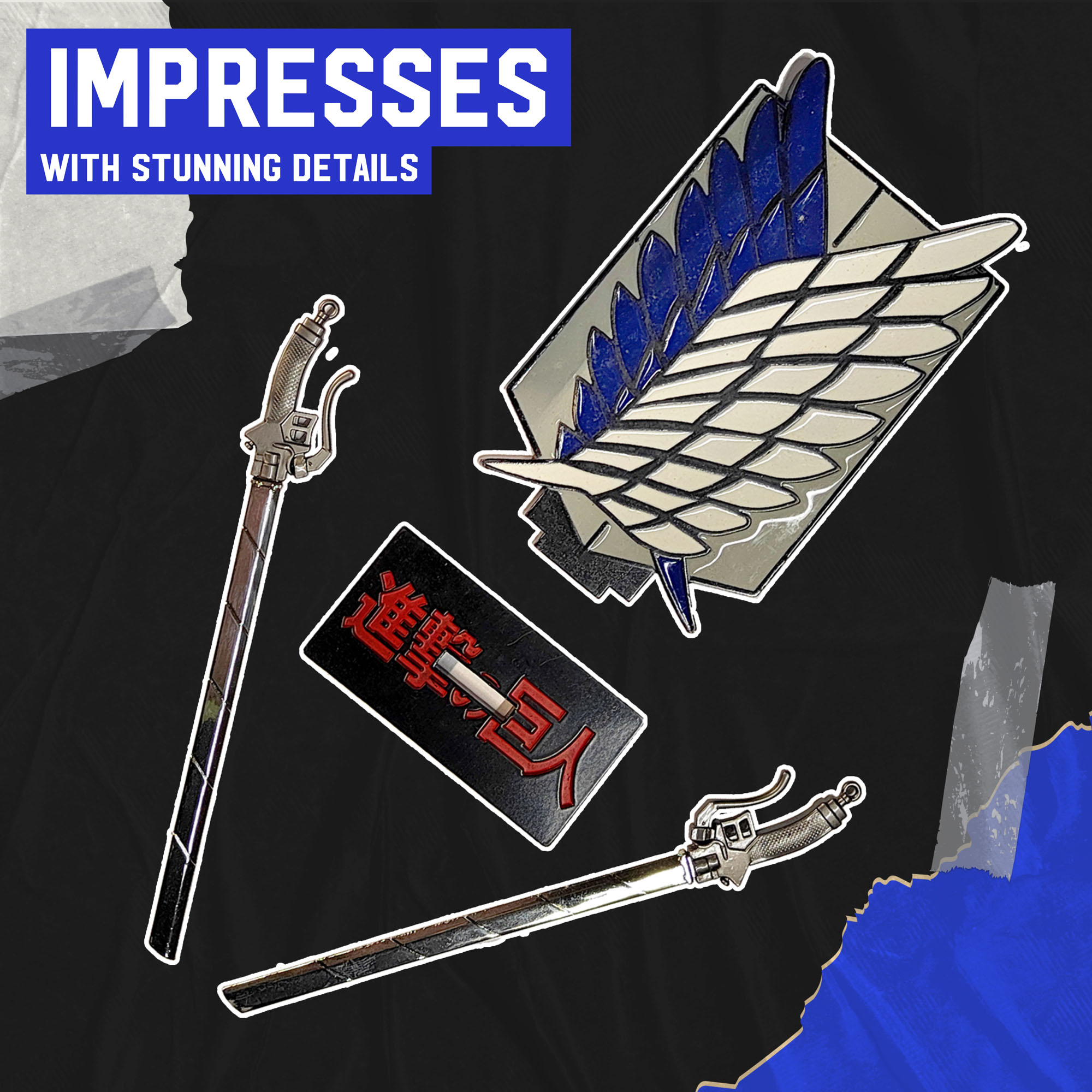 Attack on Titan – Dual ODM Gear Blade Letter Opener Swords with Wings of Freedom Stand