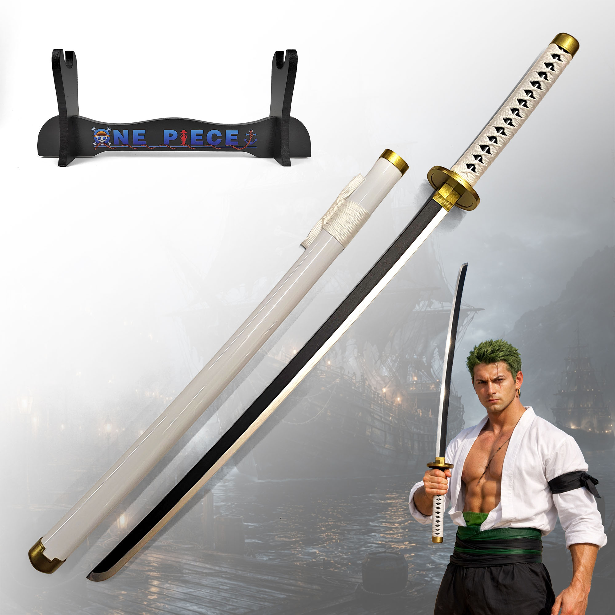 One Piece - Wado-Ichi-Monji Katana aus Holz mit Scheide und Ständer