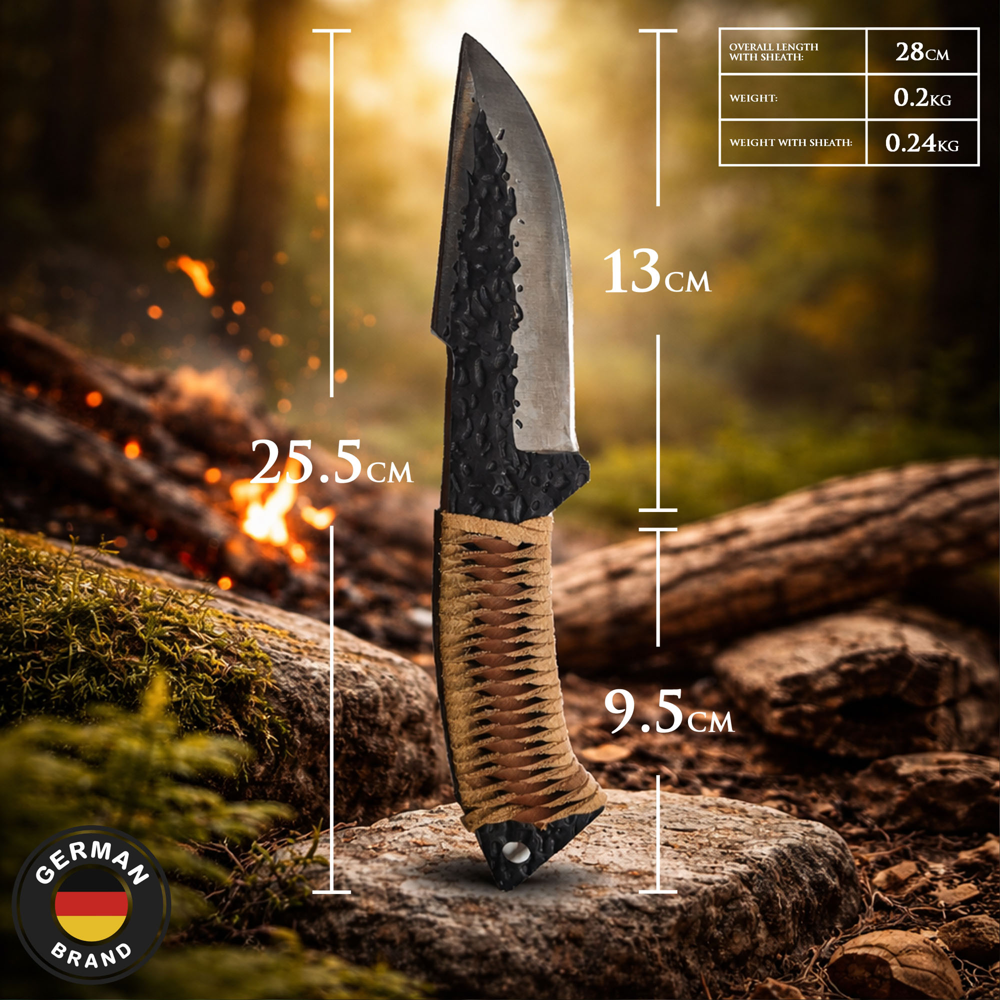 Handgeschmiedetes Jagdmesser im keltischen Stil mit Lederscheide