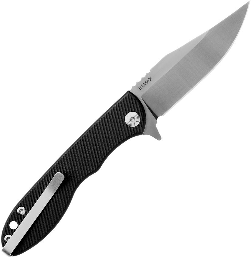 Mini-Scandi-Messer, Elmax-Satin-Clip-Point-Klinge, gefräste schwarze G10-Griffe