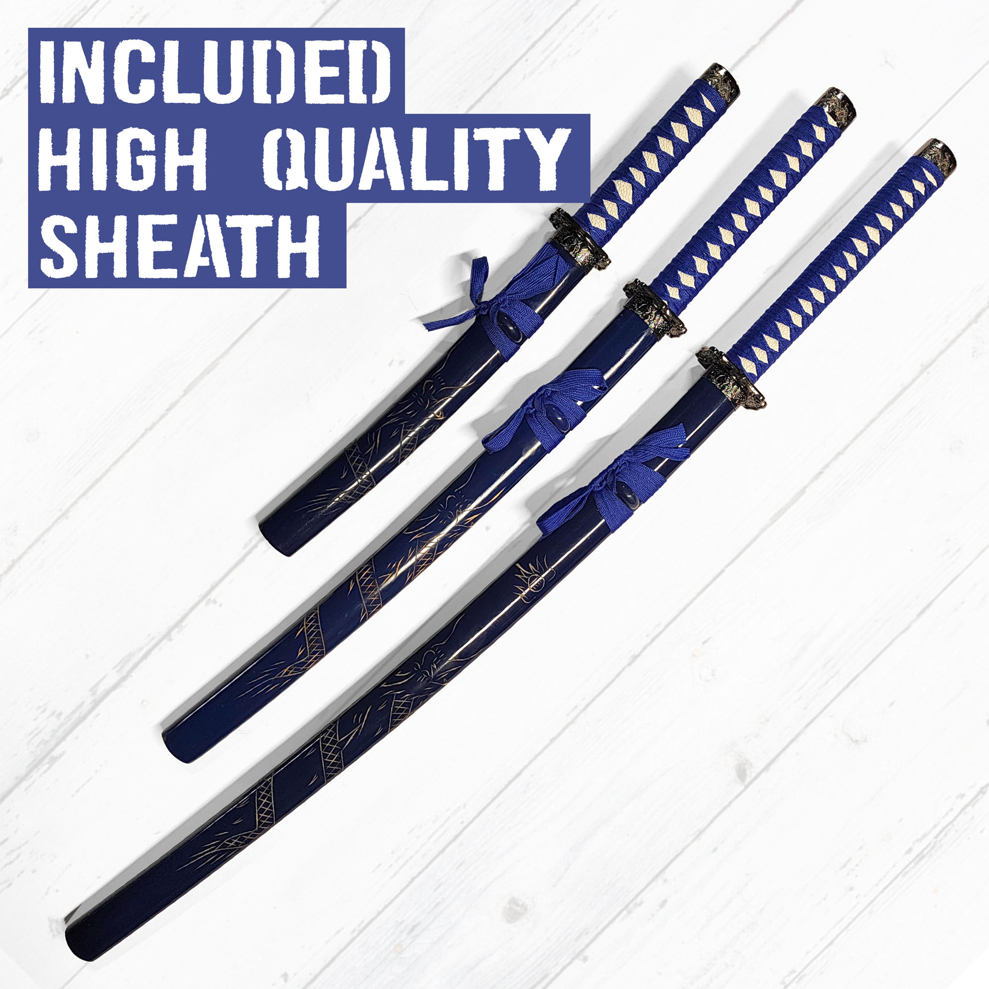Samurai Sword Set of 3 with Stand - Blue (Katana, Wakizashi and Tanto)