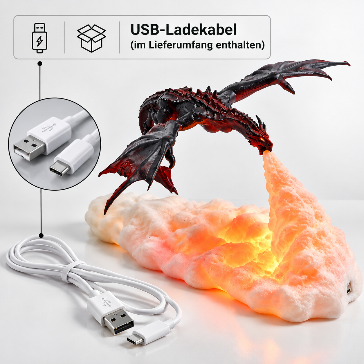 Drachenlampe aus 3D-Drucktechnik, feuerspeiender Drache
