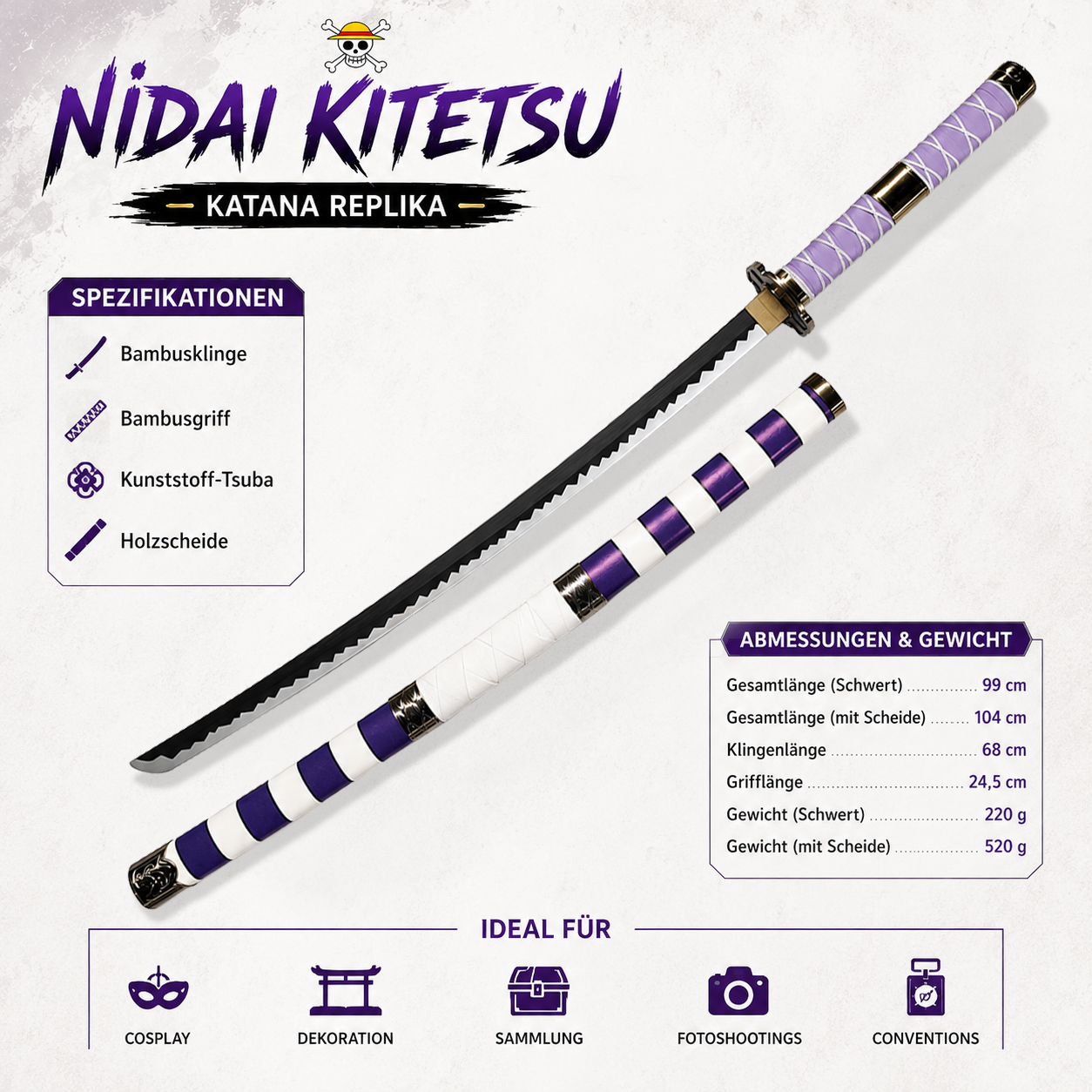One Piece - Nidai Kitetsu Katana with Sheath (Wooden Version)