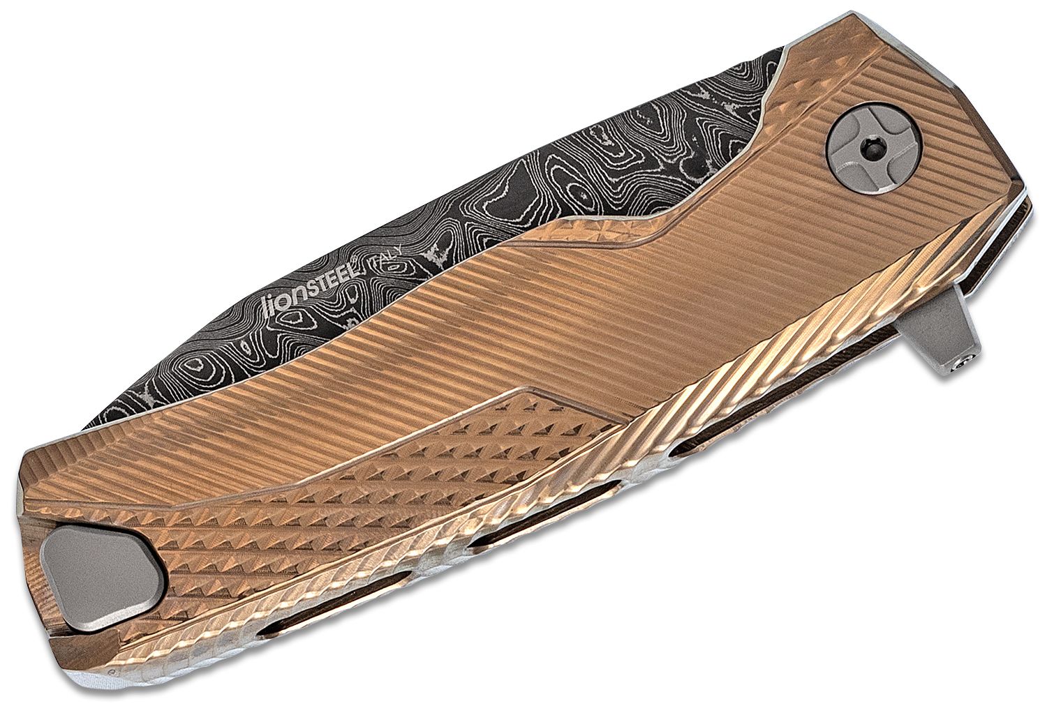 ROK DD GL, Nichols Scrambled Damascus-Klinge, Griff aus goldfarbenem Titan