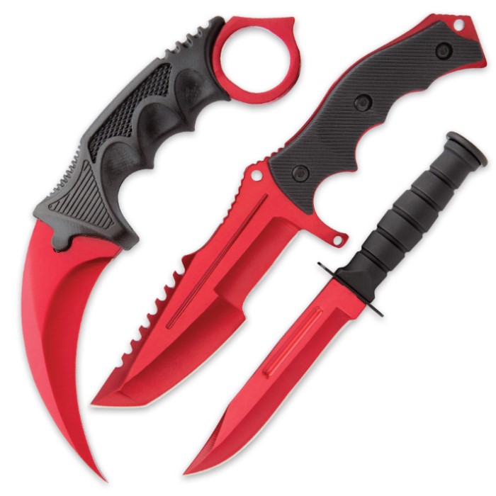3-Pc. Knife Set Atomic Red Karambit - Huntsman - Military Knife