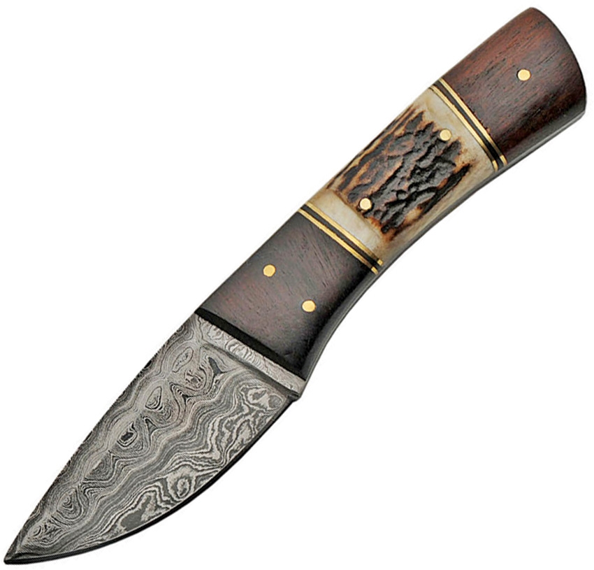 Damast Messer mit festgestellter Klinge, Hirschhorn und Holz