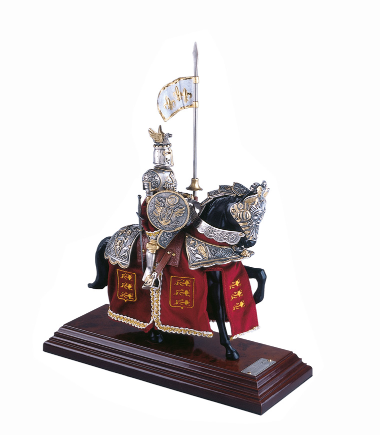 Miniature knight on horse, dragon helmet, red / silver