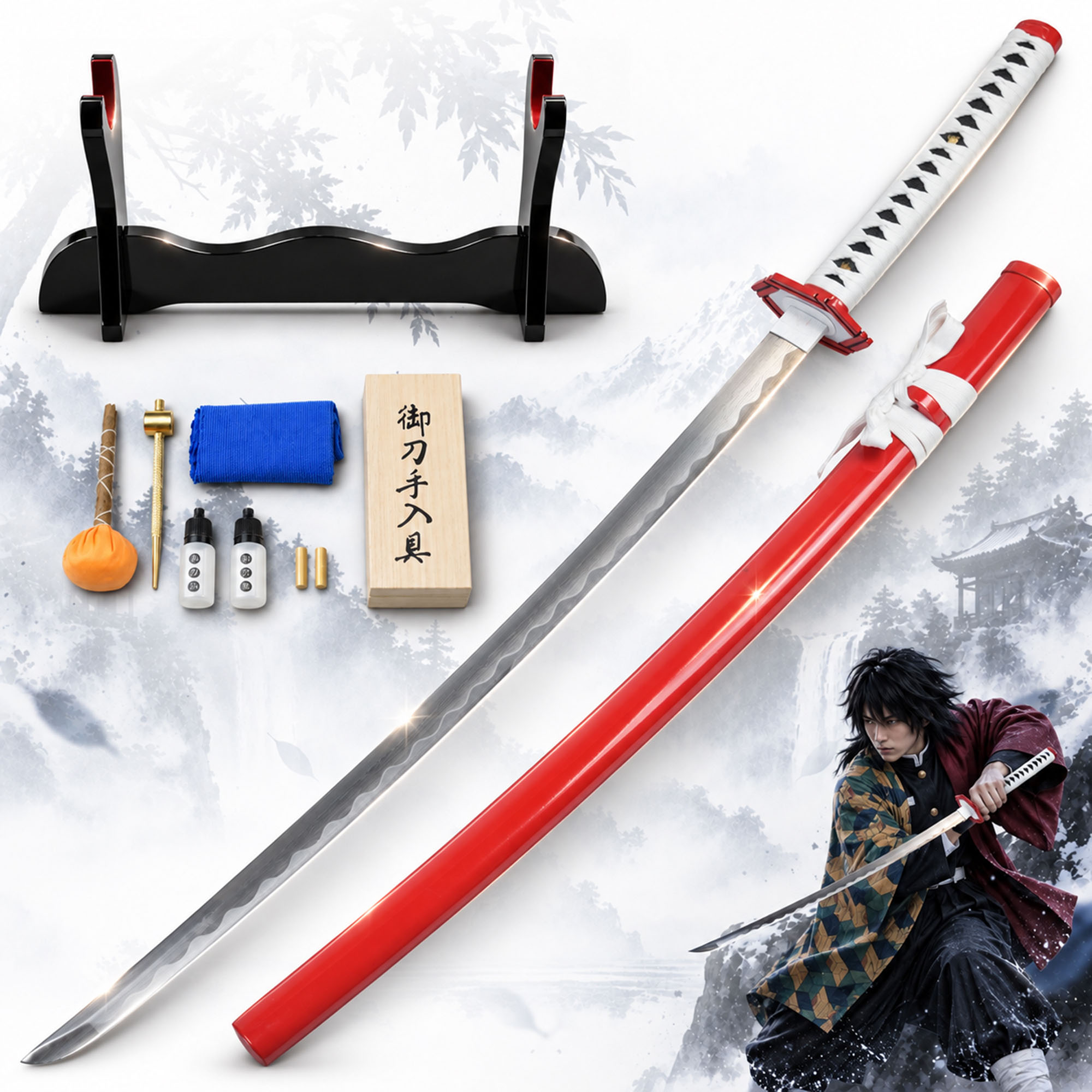 Demon Slayer: Kimetsu no Yaiba Tomioka Giyuu's Schwert - handgeschmiedet und gefaltet, Set
