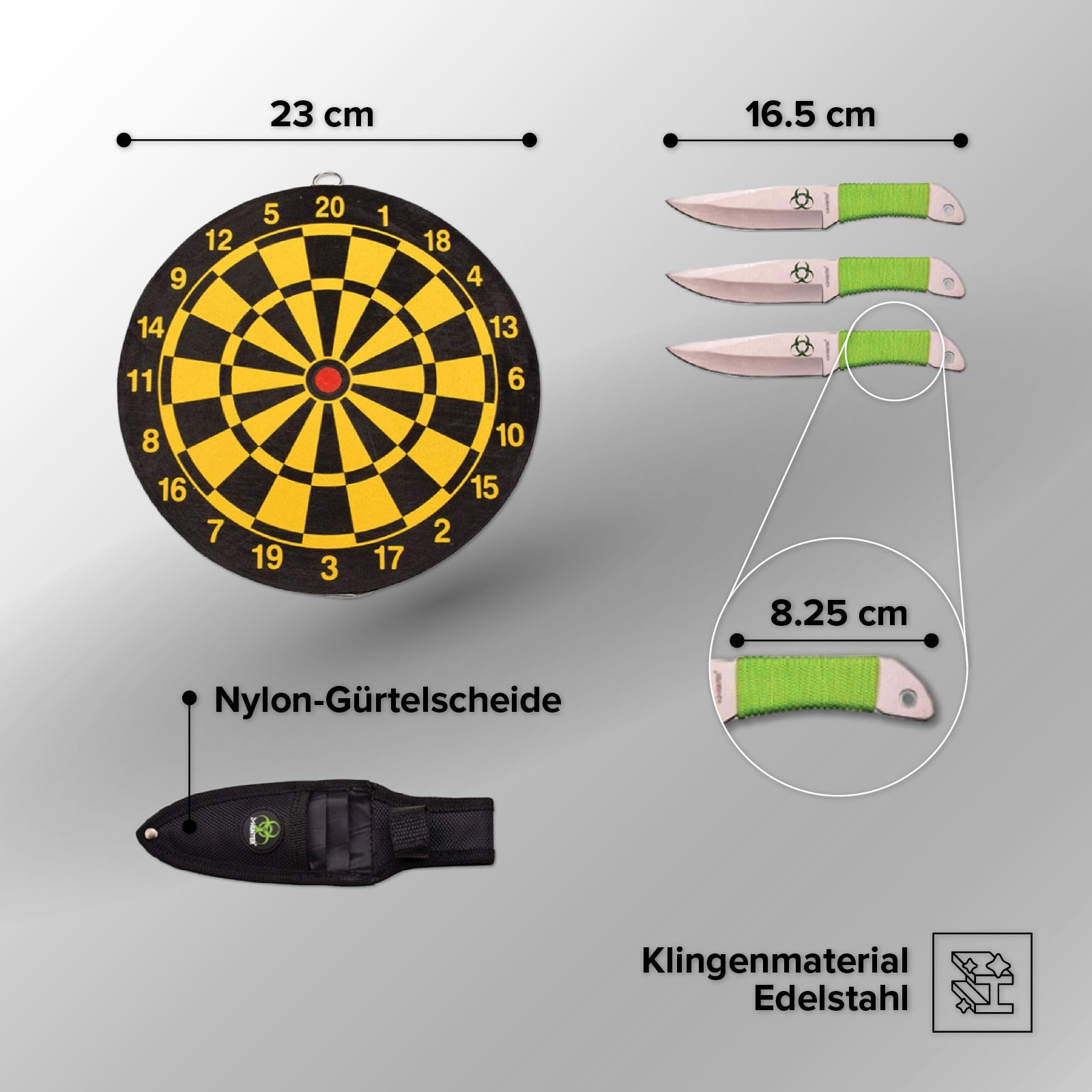 Z-Hunter Wurfset 3-teilig mit Zielscheibe, Edelstahl, einschneidige Klinge