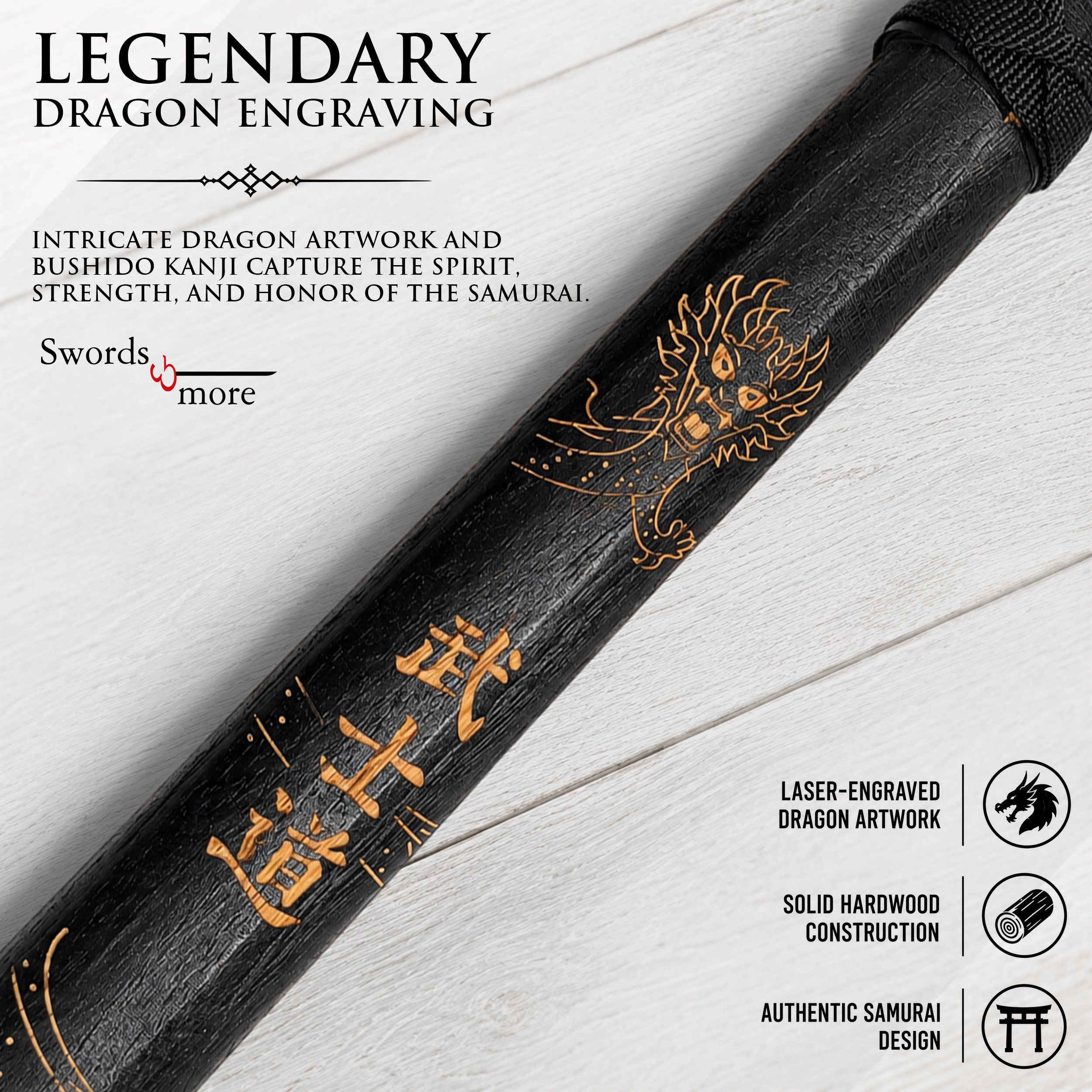 Bokken "Bushido Dragon" – Hartholz-Samuraischwert (98 cm) mit Drachen-Motiv