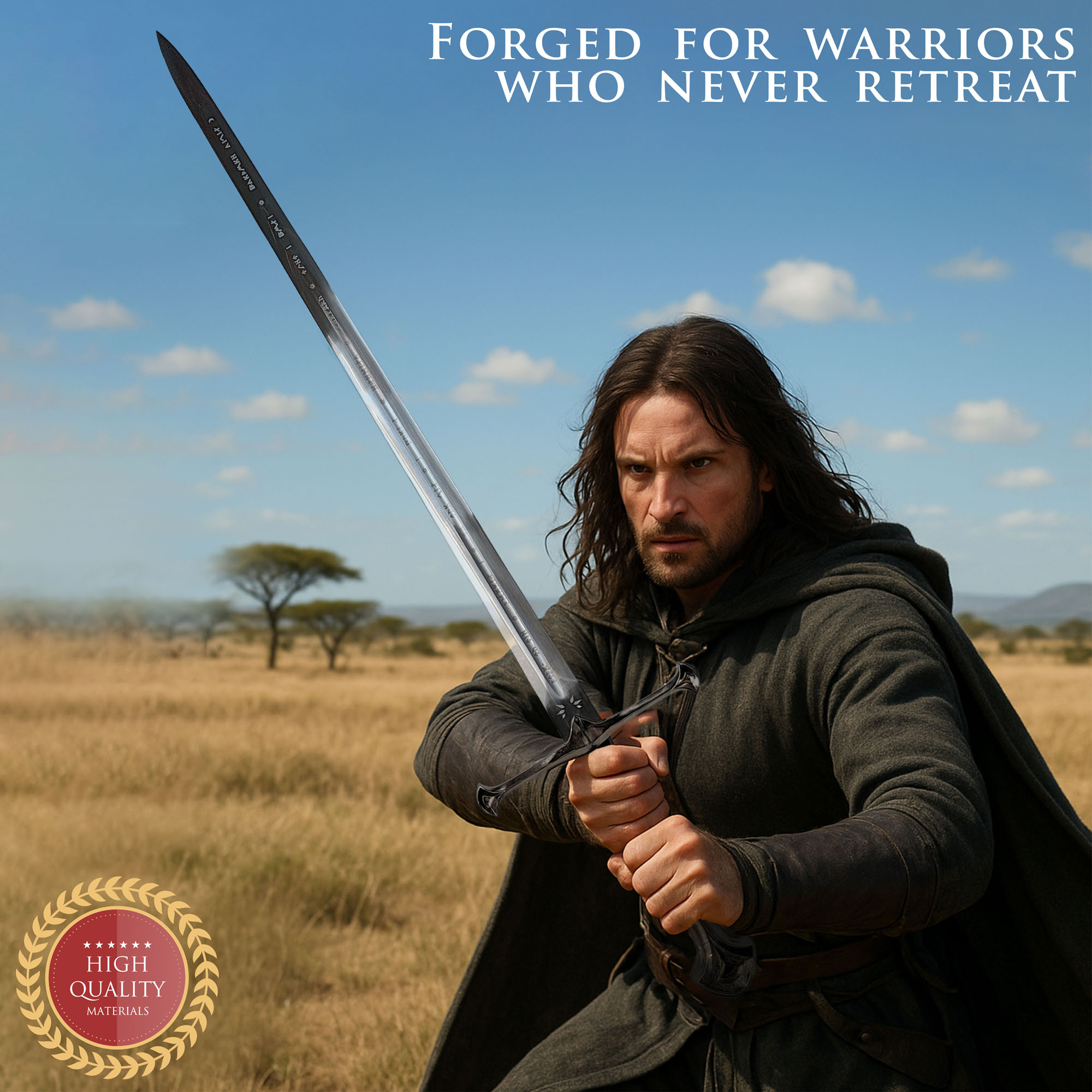 King Sword with Sheath, Handforged, Sharp Edge, Complete Set with Scabbard, Wall Plaque & Belt