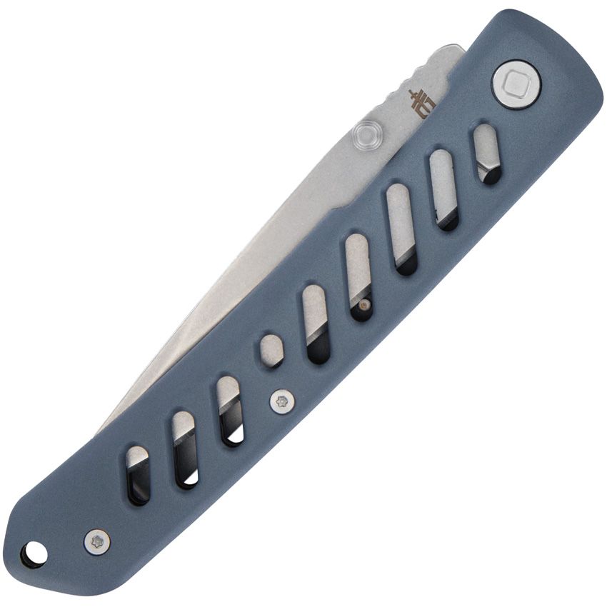 Affirm, Stonewashed Clip Point Blade, Slotted Blue Aluminum Handle