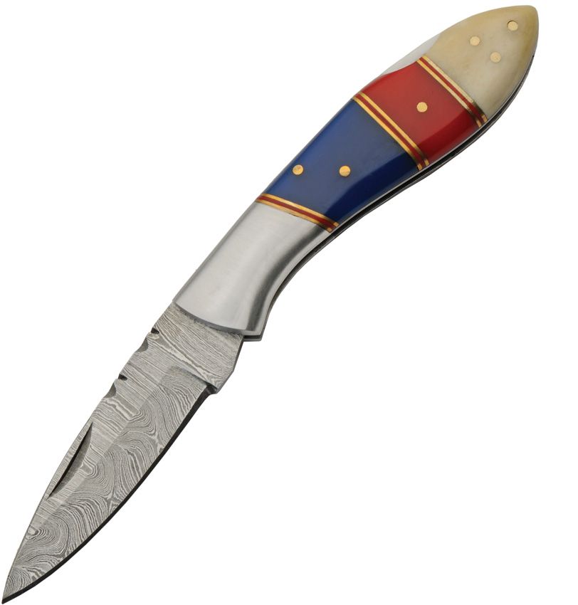 Red Blue Damascus Pocket Knife