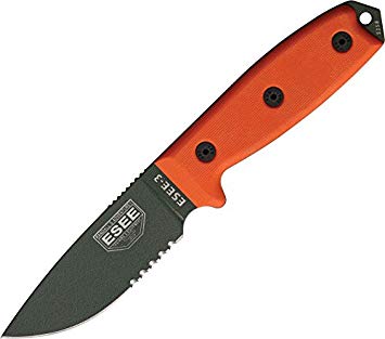 Esee Model 3 Part Serrated, OD Carbon blade, Orange G-10 handle