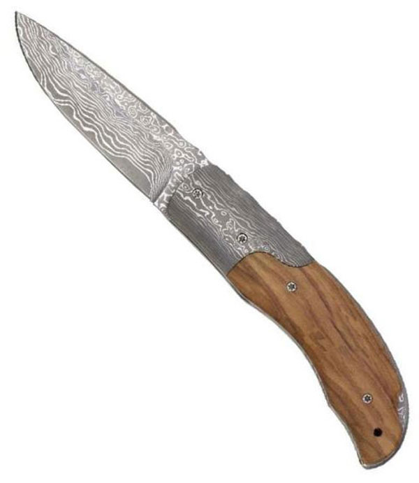 Damascus Pocket Knife with Olivewood Handle