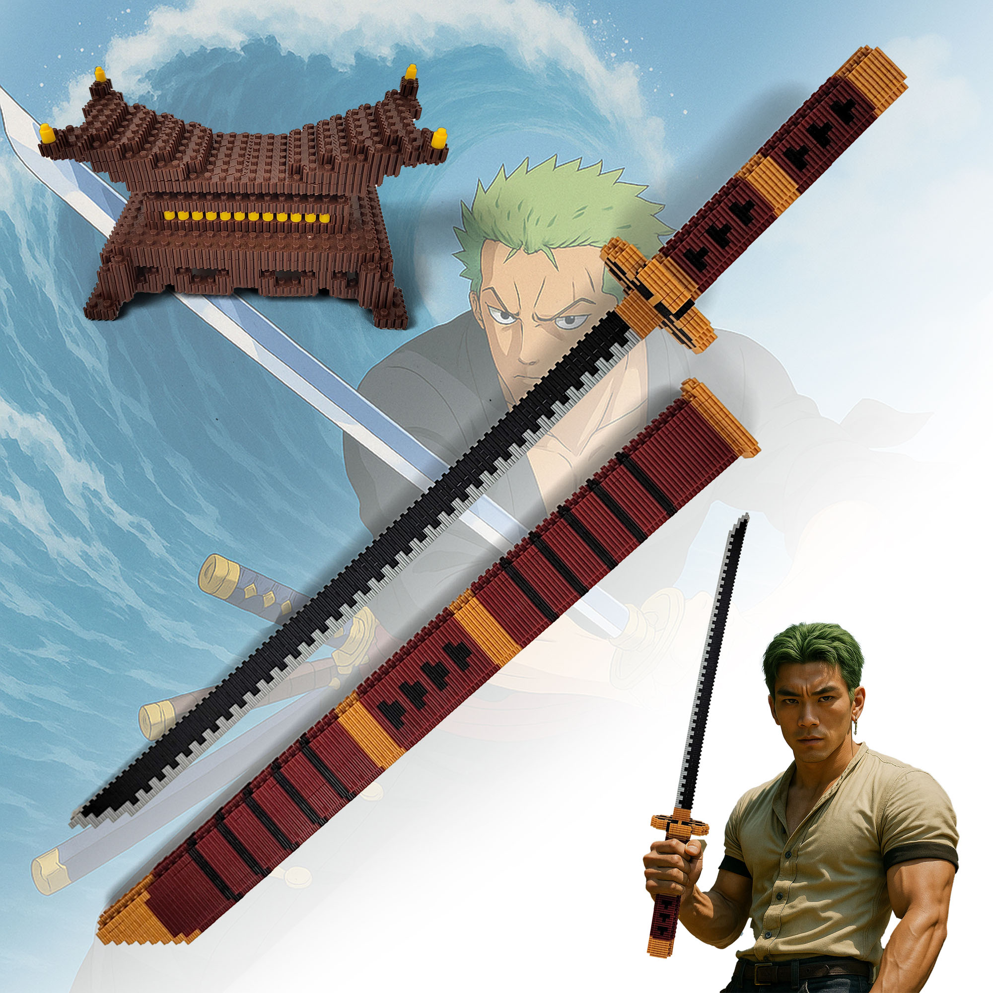 One Piece - Sandai Kitetsu Katana mit Scheide und Ständer - Blockstein Version