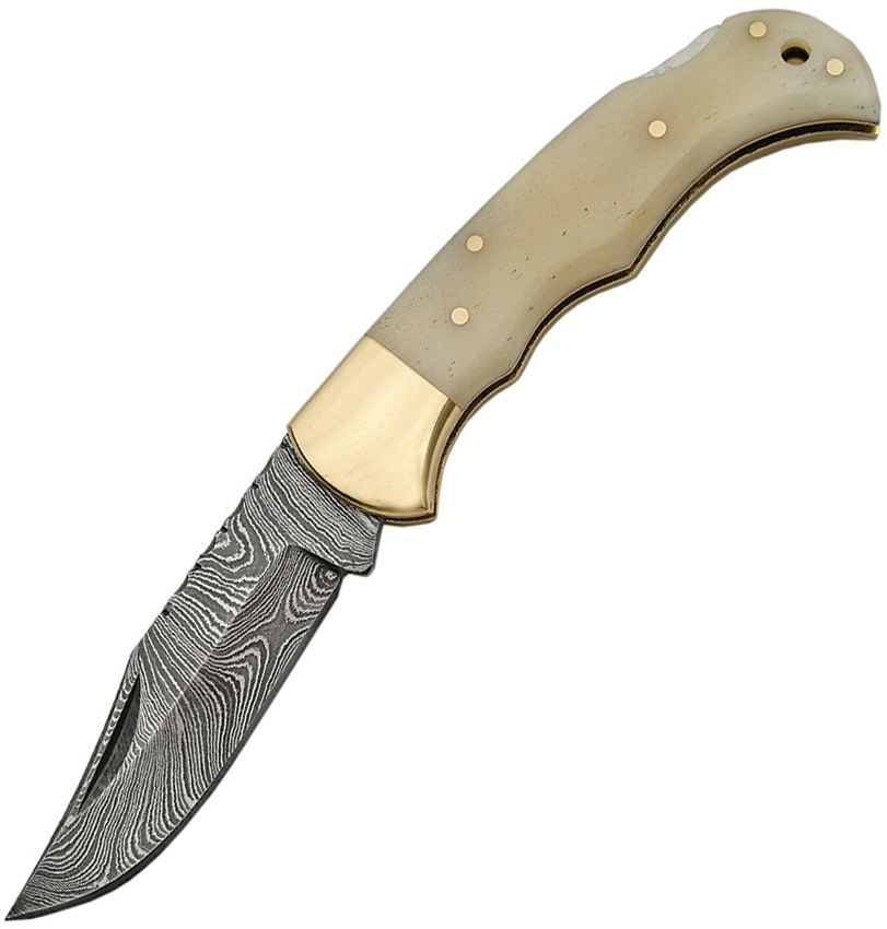 Damascus Knife, Camel Bone Lockback