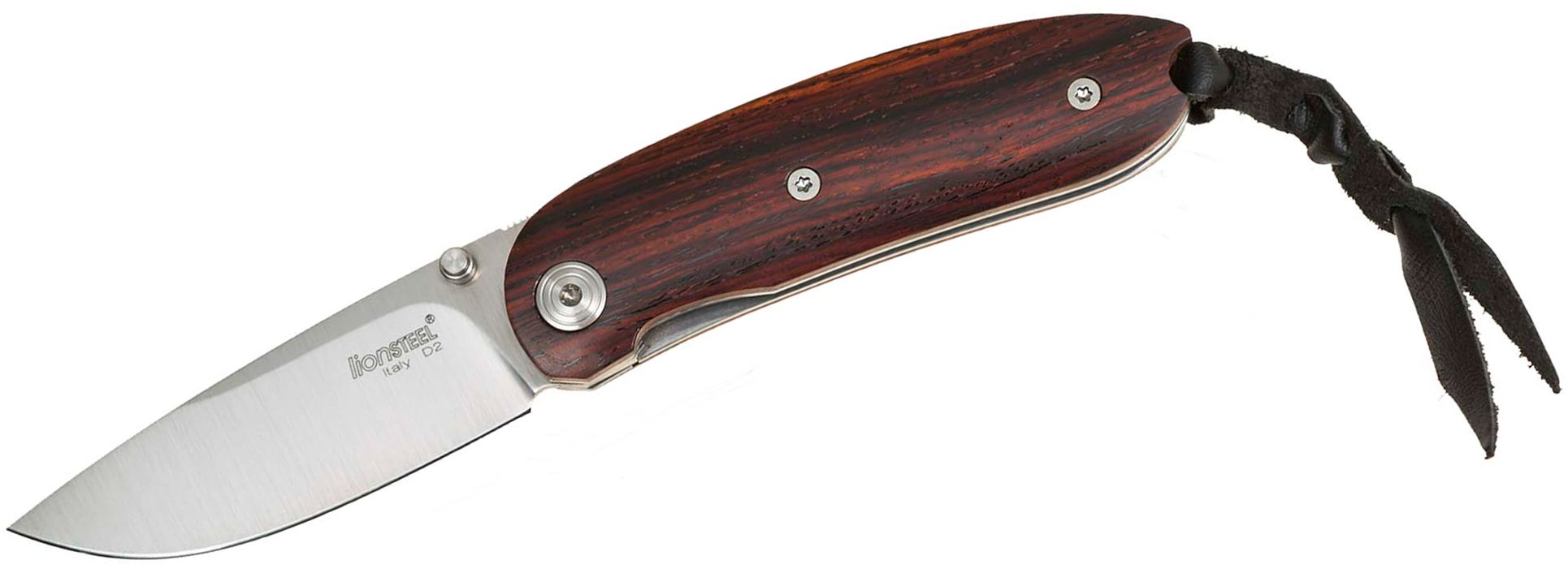 Mini Folding Knife, Satin D2 Tool Steel Blade, Santos Wood Handles, Leather Pouch