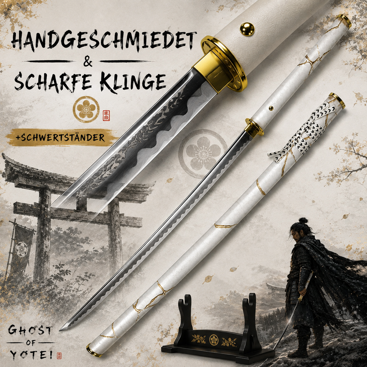 Ghost of Yōtei: Gilded Dawn Katana (Handgeschmiedet & Scharf) inkl. Scheide und Ständer