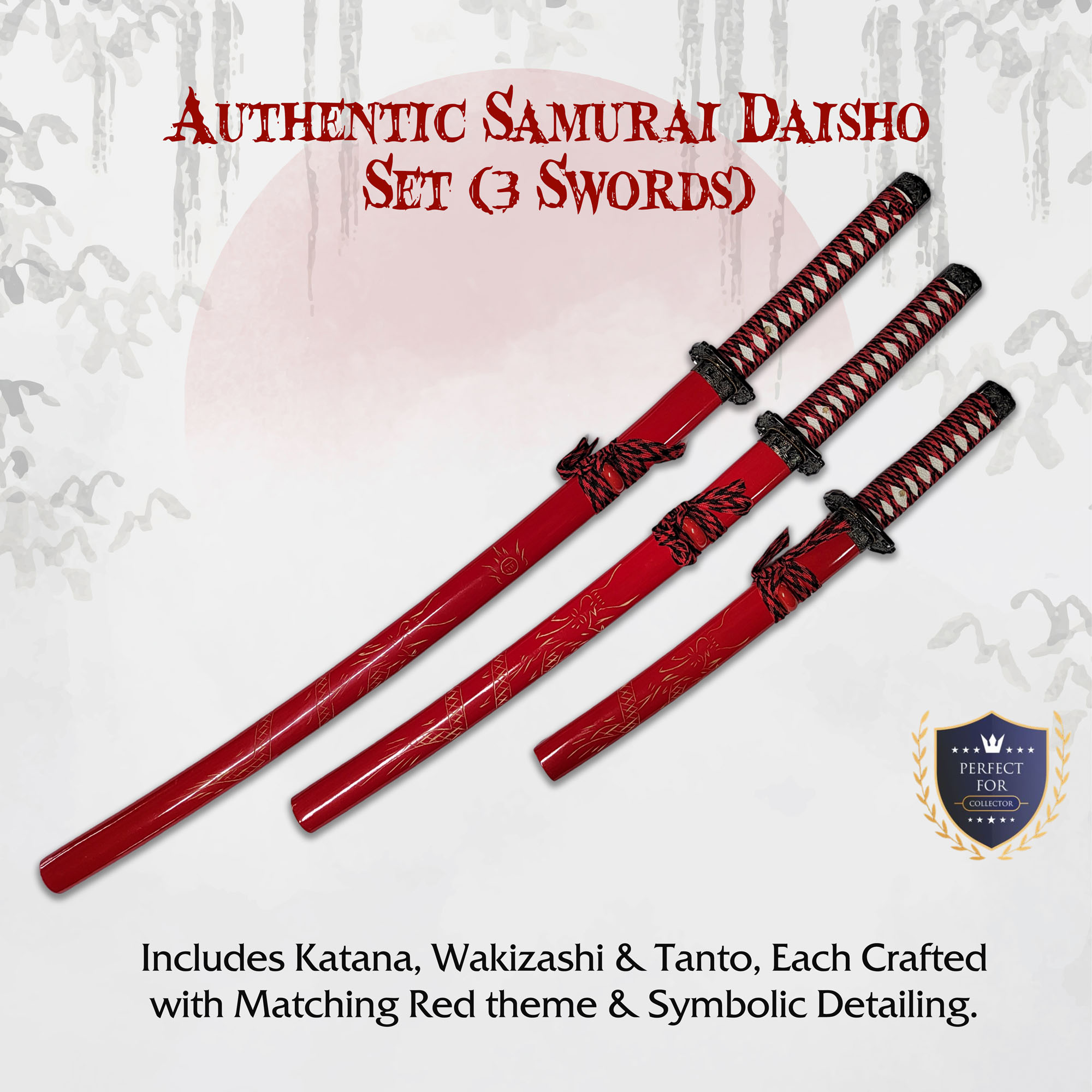 Handorged Samurai Sword Set of 3 with Stand and Care Kit - Red (Katana, Wakizashi and Tanto) 