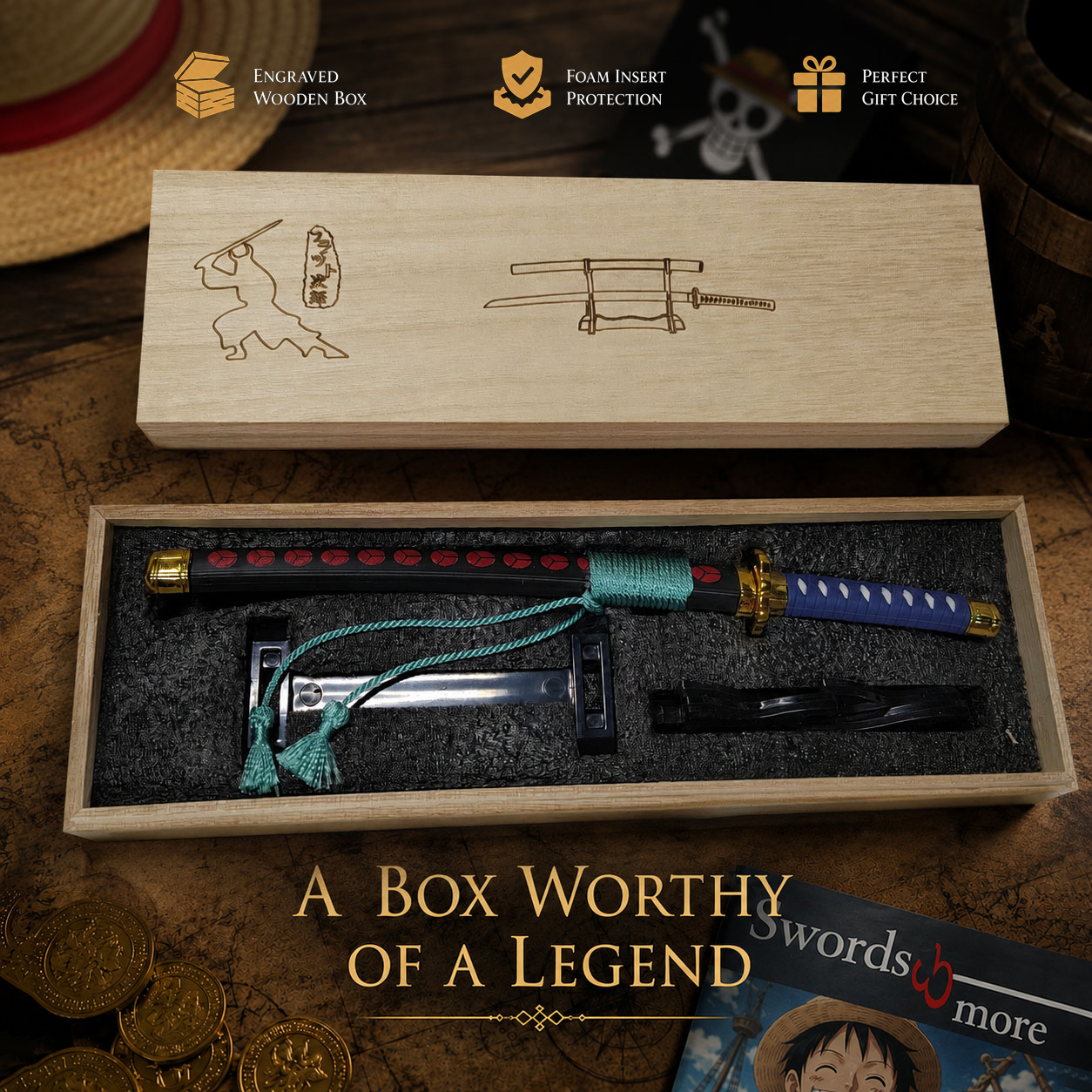 One Piece: Zoro's "Shuusui" Mini-Katana Brieföffner – Geschenk-Set in Holzbox
