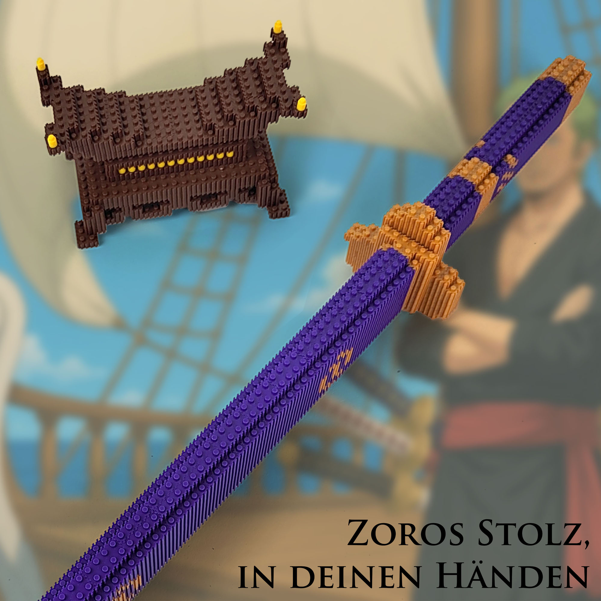 One Piece - Oden's Enma Schwert mit Scheide und Ständer, lila, Blockstein Version