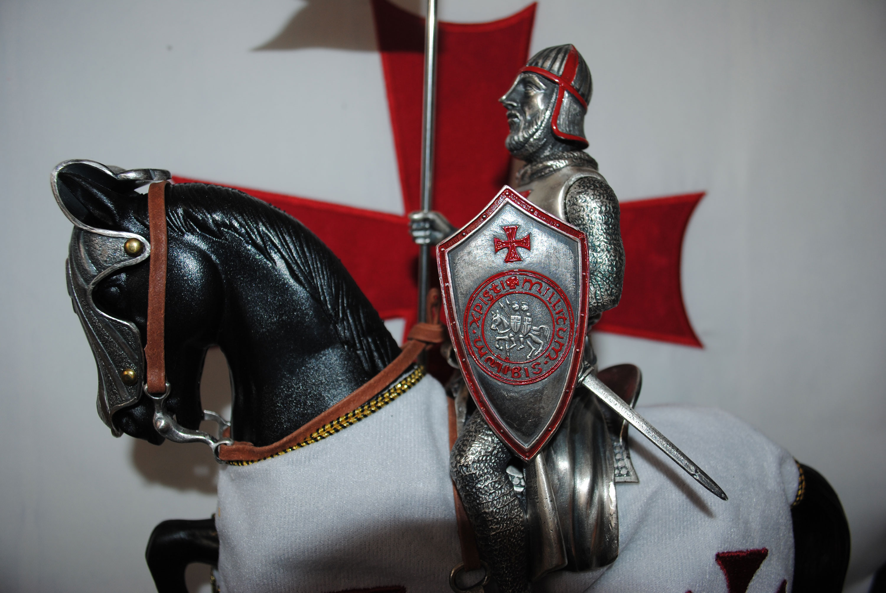 Miniature Templar knight on horse, equestrian armor
