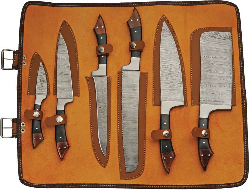 Damascus kitchen knife set (6 knives) with bag