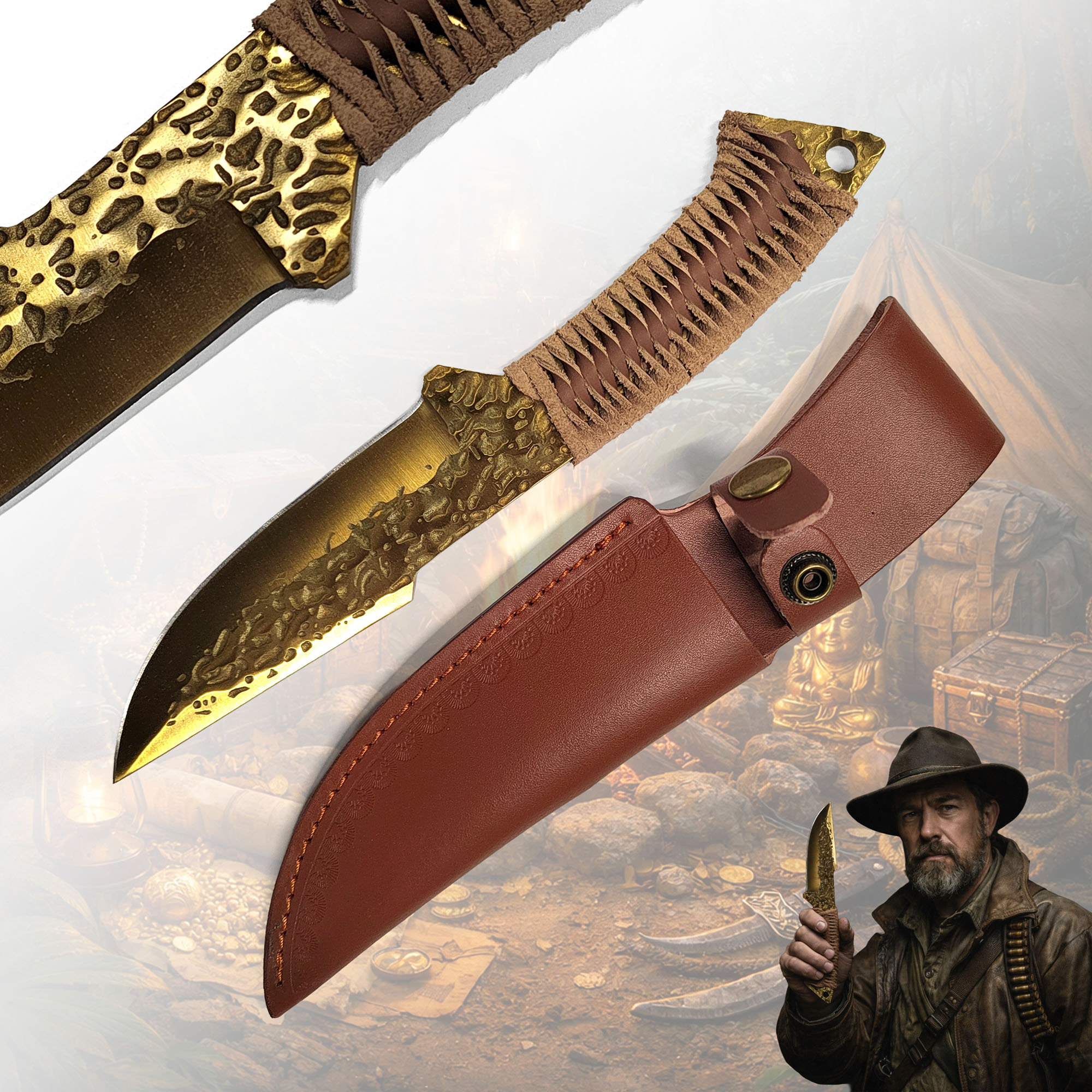 Handforged Celtic-style hunting knife with leather sheath (golden blade)