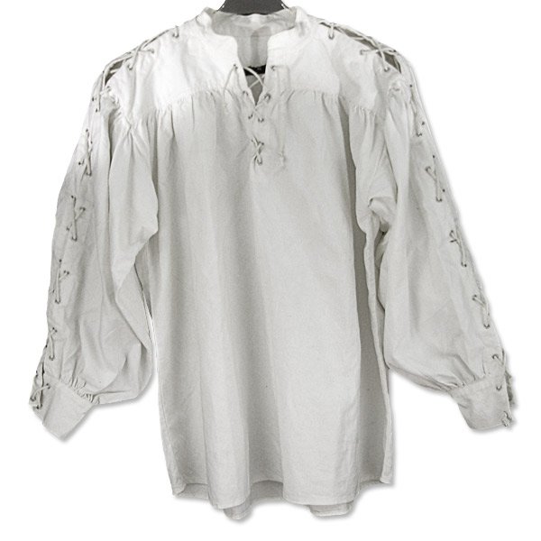 Kragenloses Baumwollhemd (geschnürter Hals & Ärmel) – weiß, Größe XL