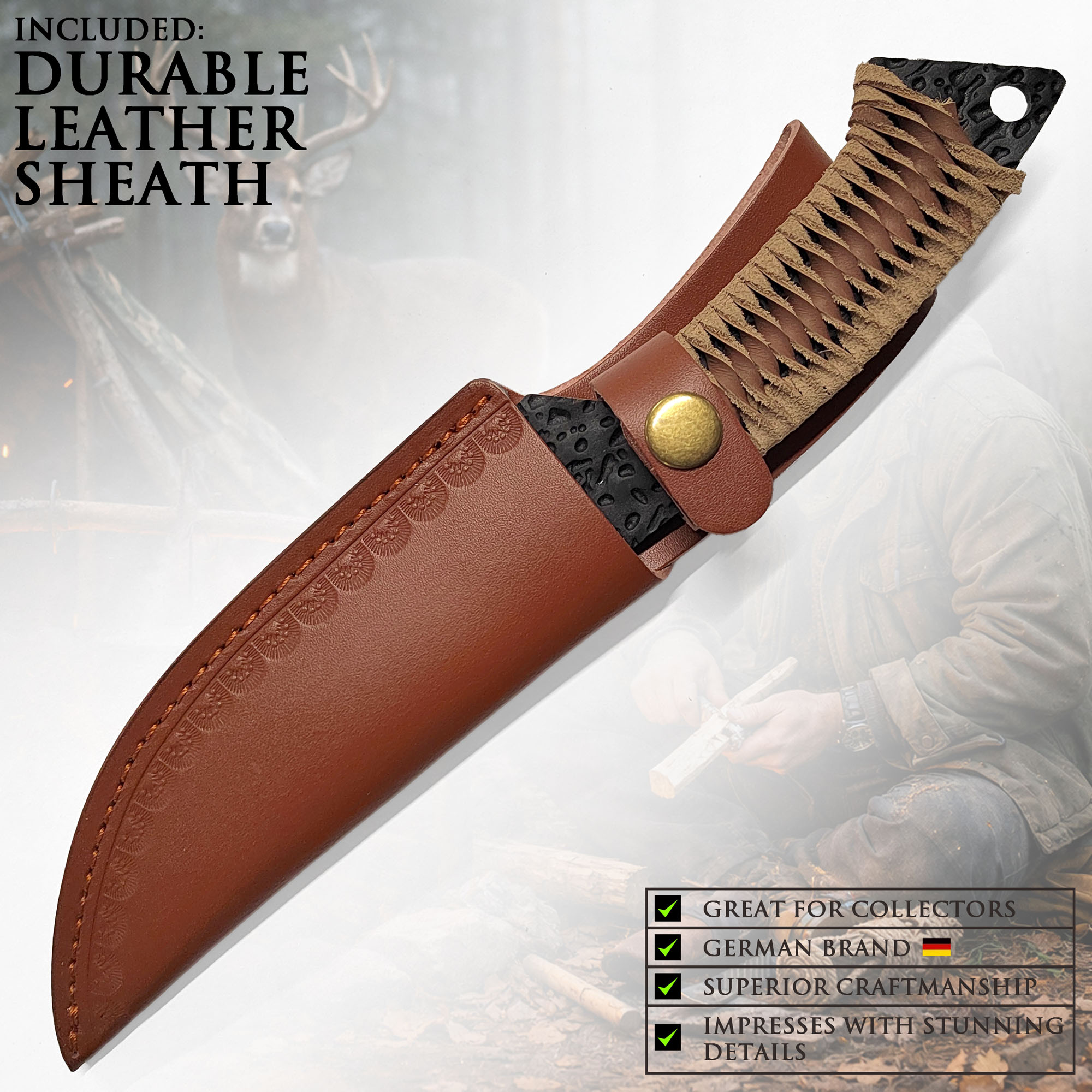 Handgeschmiedetes Jagdmesser im keltischen Stil mit Lederscheide