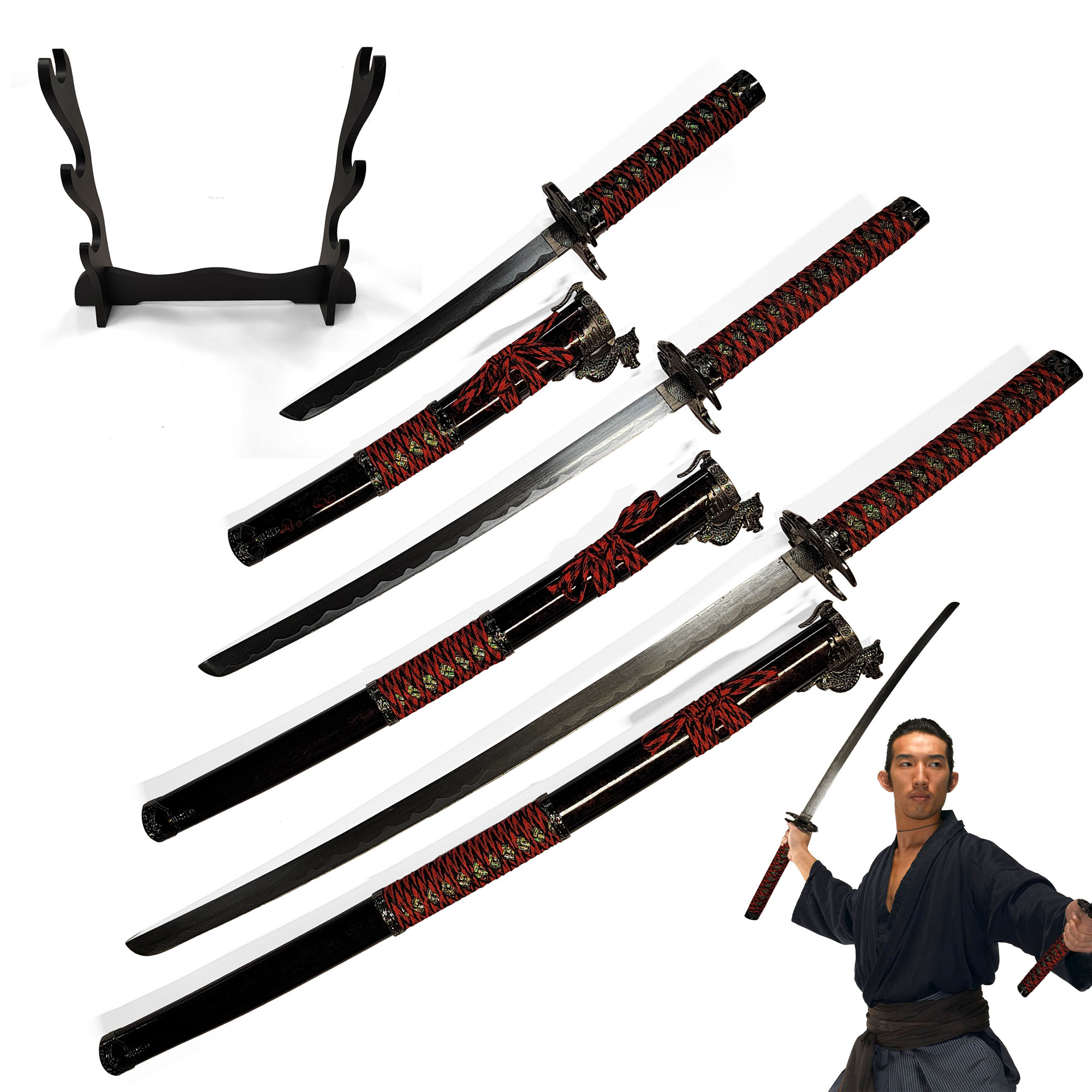 Samurai Sword Set of 3 with Stand - Dragon (Katana, Wakizashi and Tanto)