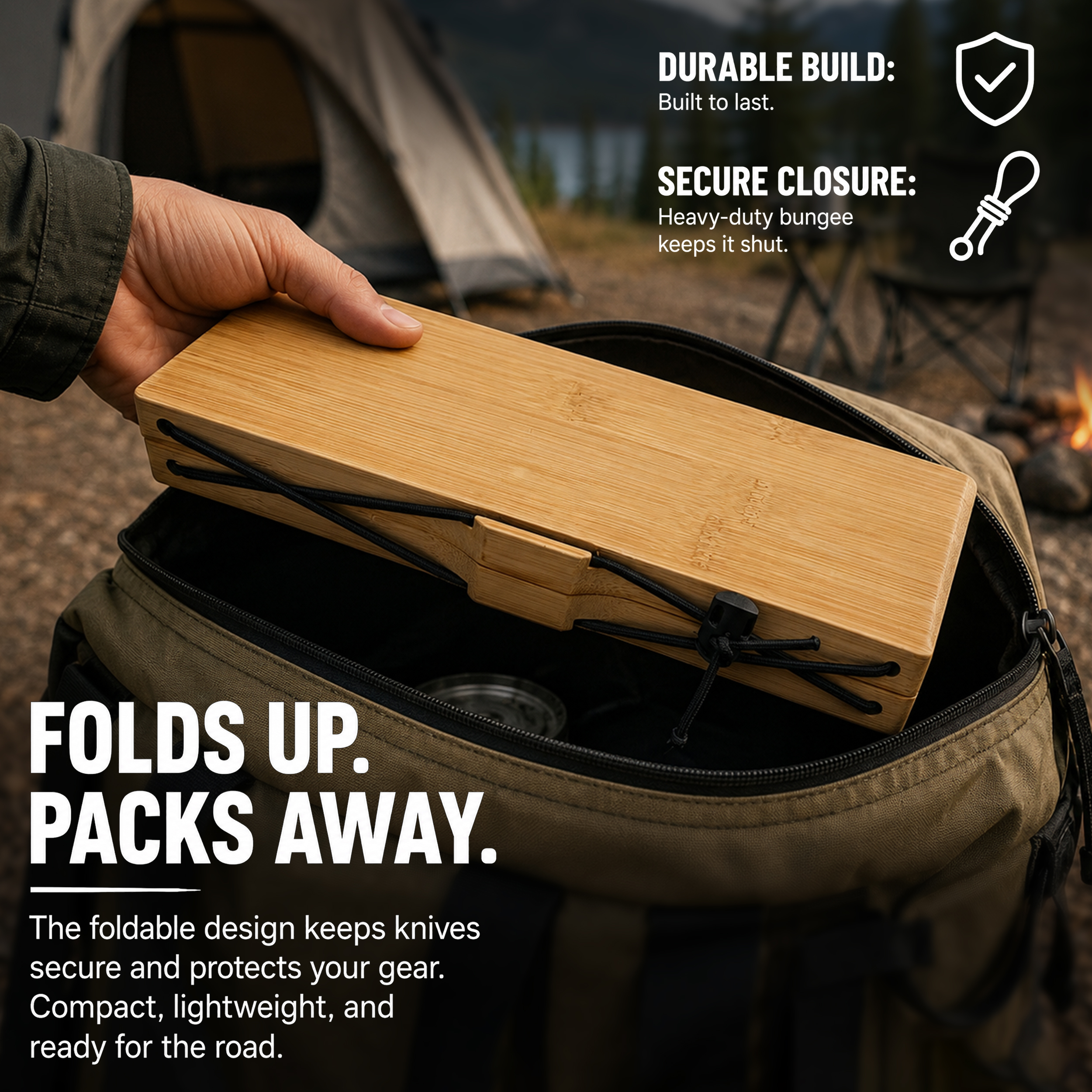 Klappbares Outdoor Camping-Schneidebrett aus Bambus inkl. 2 integrierter Edelstahl-Messer
