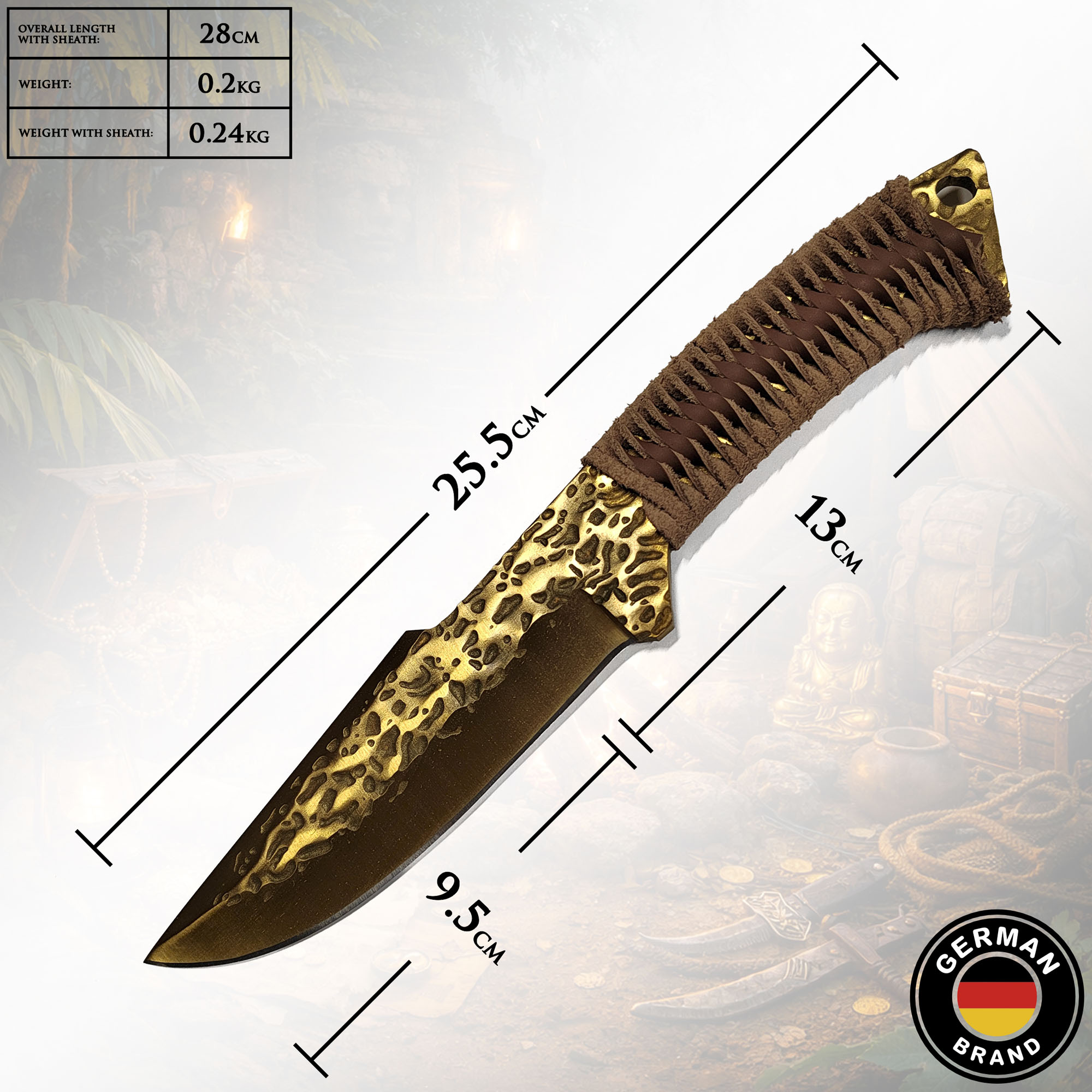 Handgeschmiedetes Jagdmesser im keltischen Stil mit Lederscheide (goldene Klinge)