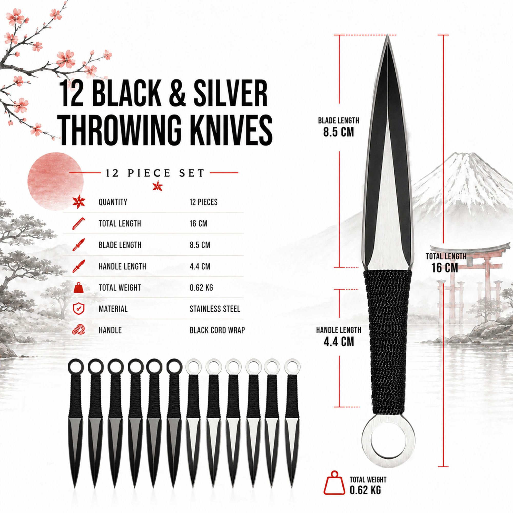 Throwing Knife Set with Wooden Target – 12 Piece Set (6 Black / 6 Silver)