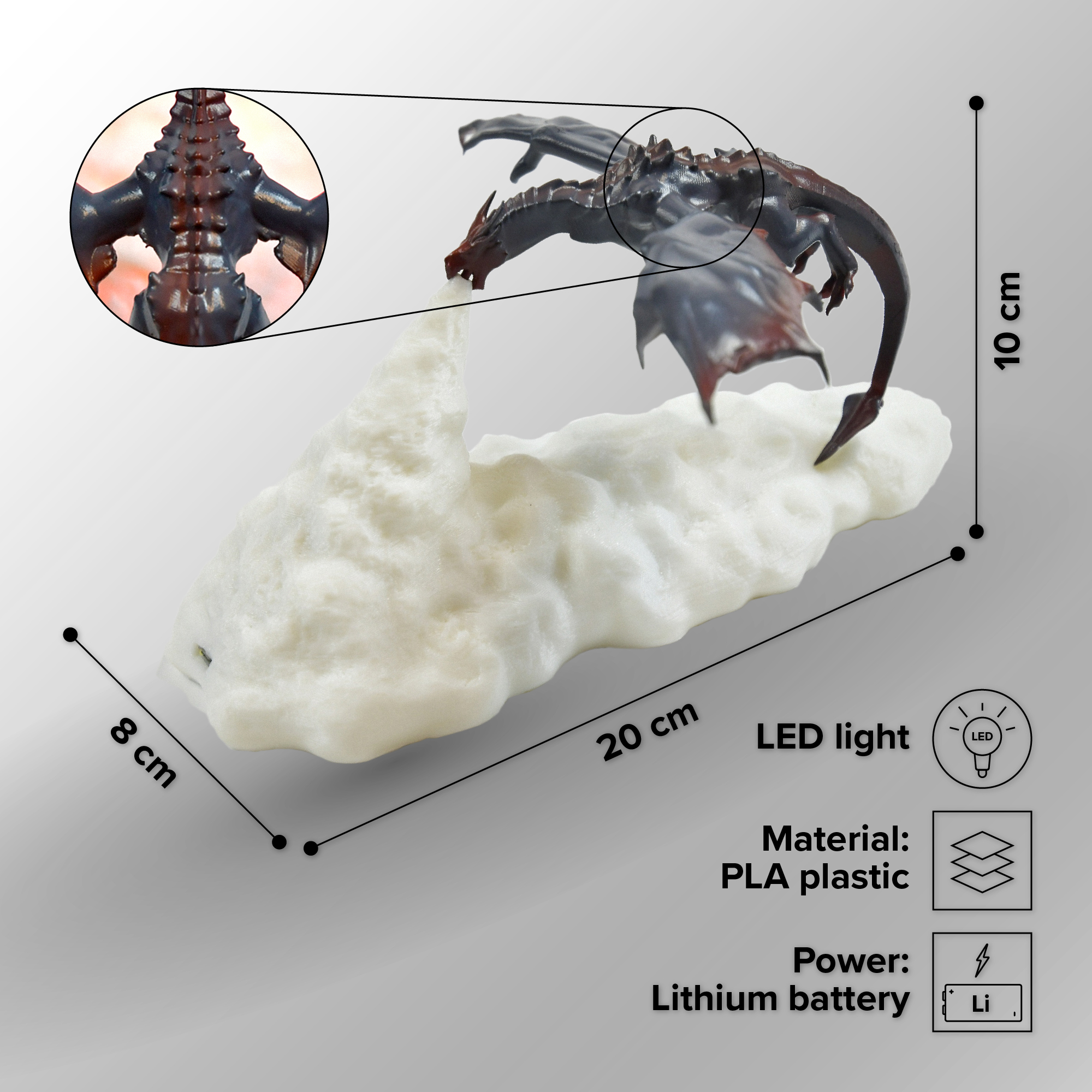 Drachenlampe aus 3D-Drucktechnik, feuerspeiender Drache