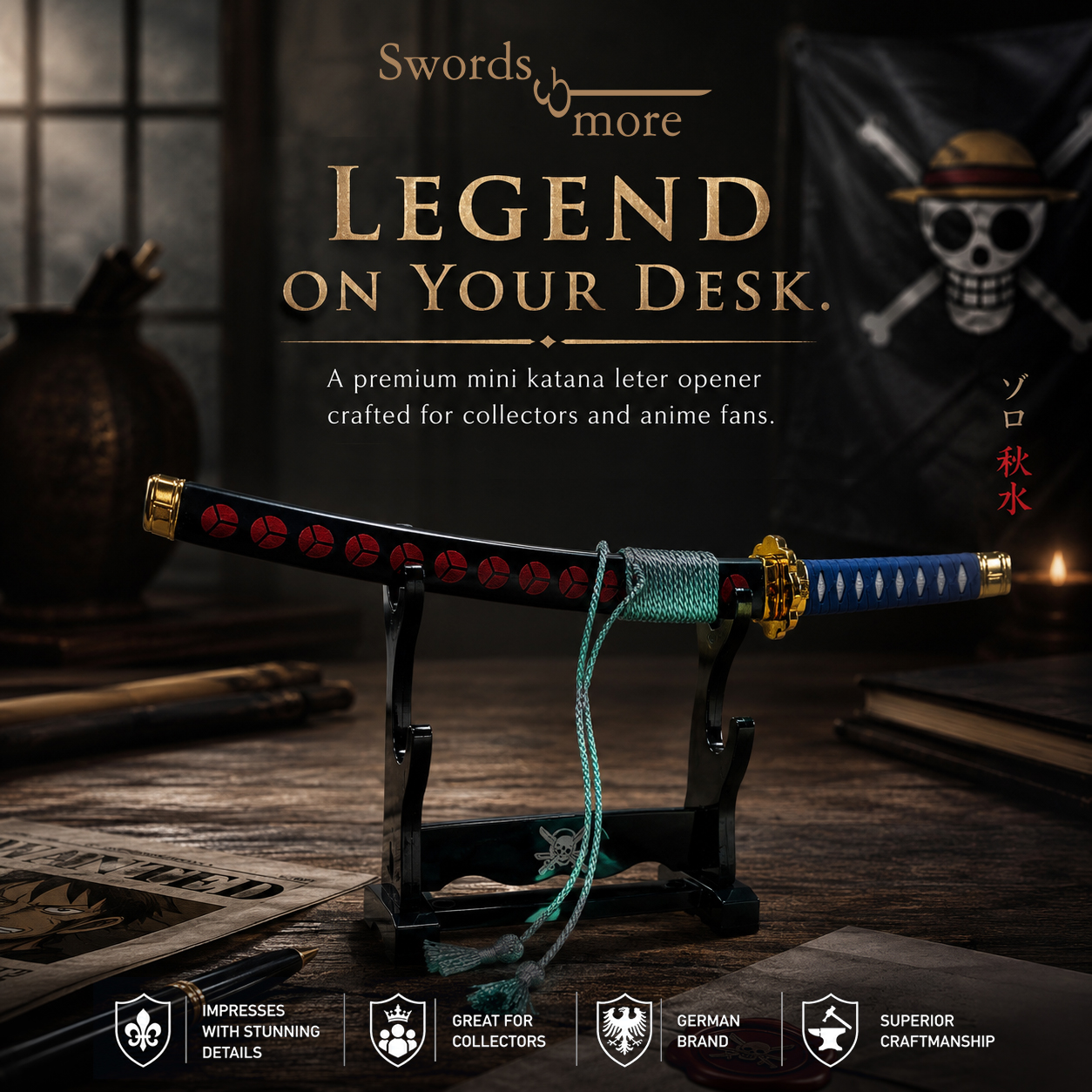 One Piece: Zoro's "Shuusui" Mini-Katana Brieföffner – Geschenk-Set in Holzbox