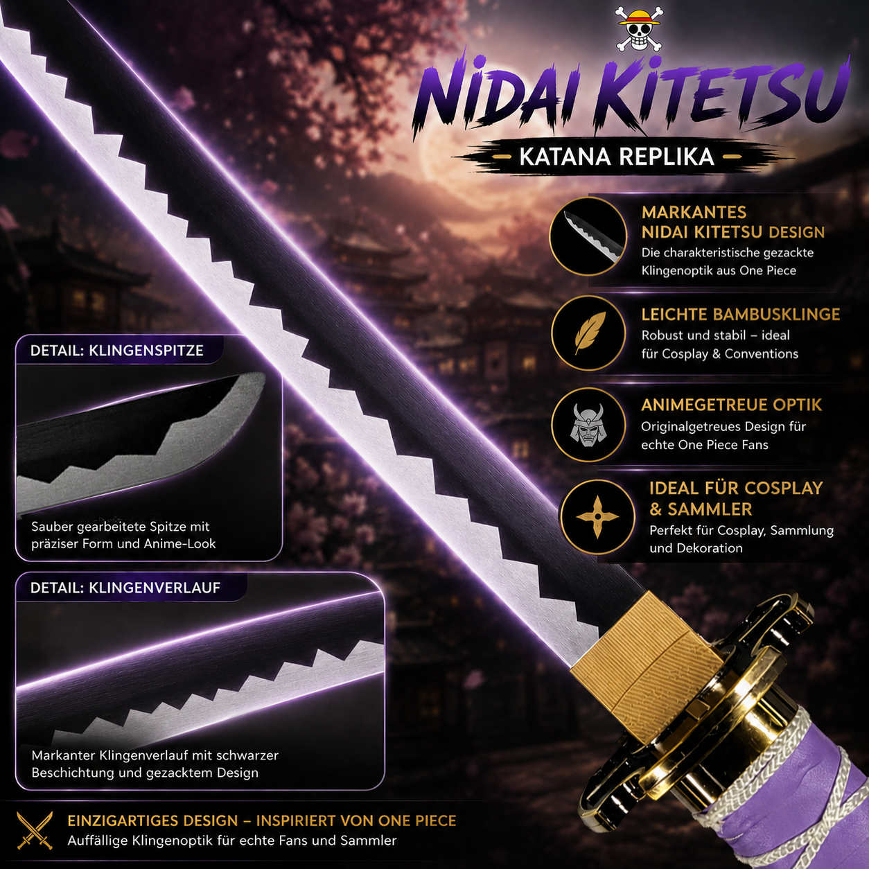 One Piece - Nidai Kitetsu Katana with Sheath (Wooden Version)