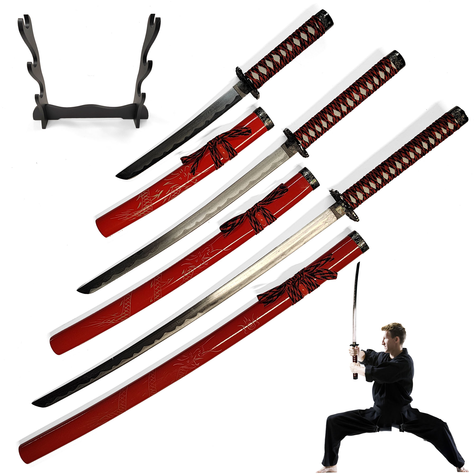 Samurai Sword Set of 3 with Stand - Red (Katana, Wakizashi and Tanto)