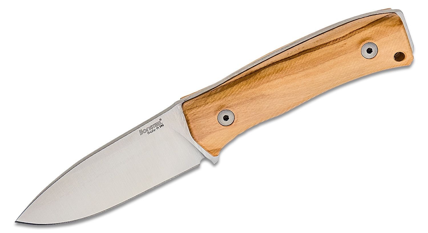 M4 UL Bushcrafting, Satin M390 glatte Klinge, Griff aus Olivenholz, Lederscheide