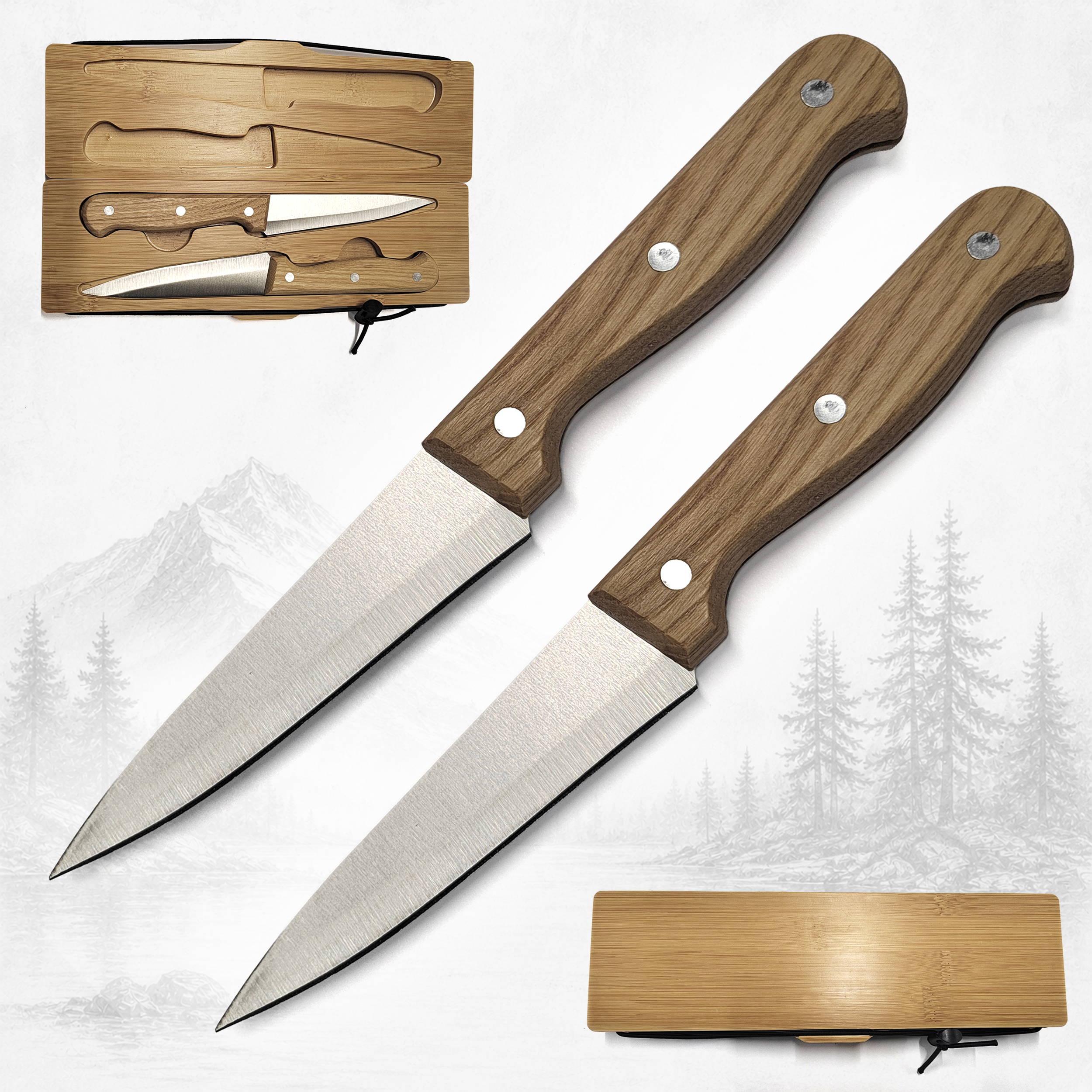 Klappbares Outdoor Camping-Schneidebrett aus Bambus inkl. 2 integrierter Edelstahl-Messer