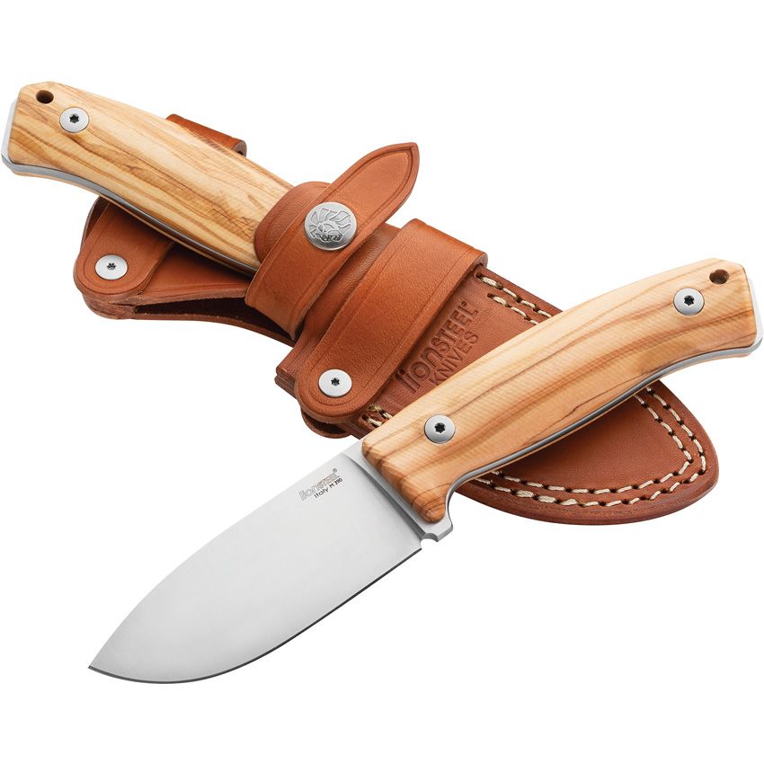 MCKF Hunter, M390 Drop Point, Olive Wood Handles, Leather MOLLE Sheath