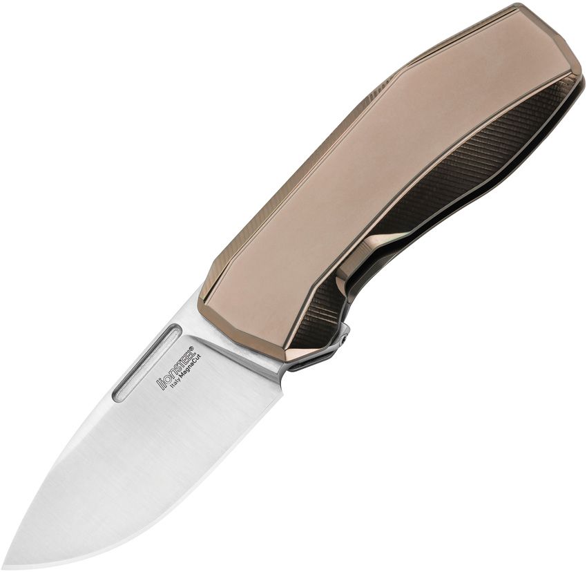 N.ONE, CPM-MagnaCut Satin Drop Point Blade, Bronze Titanium Handle