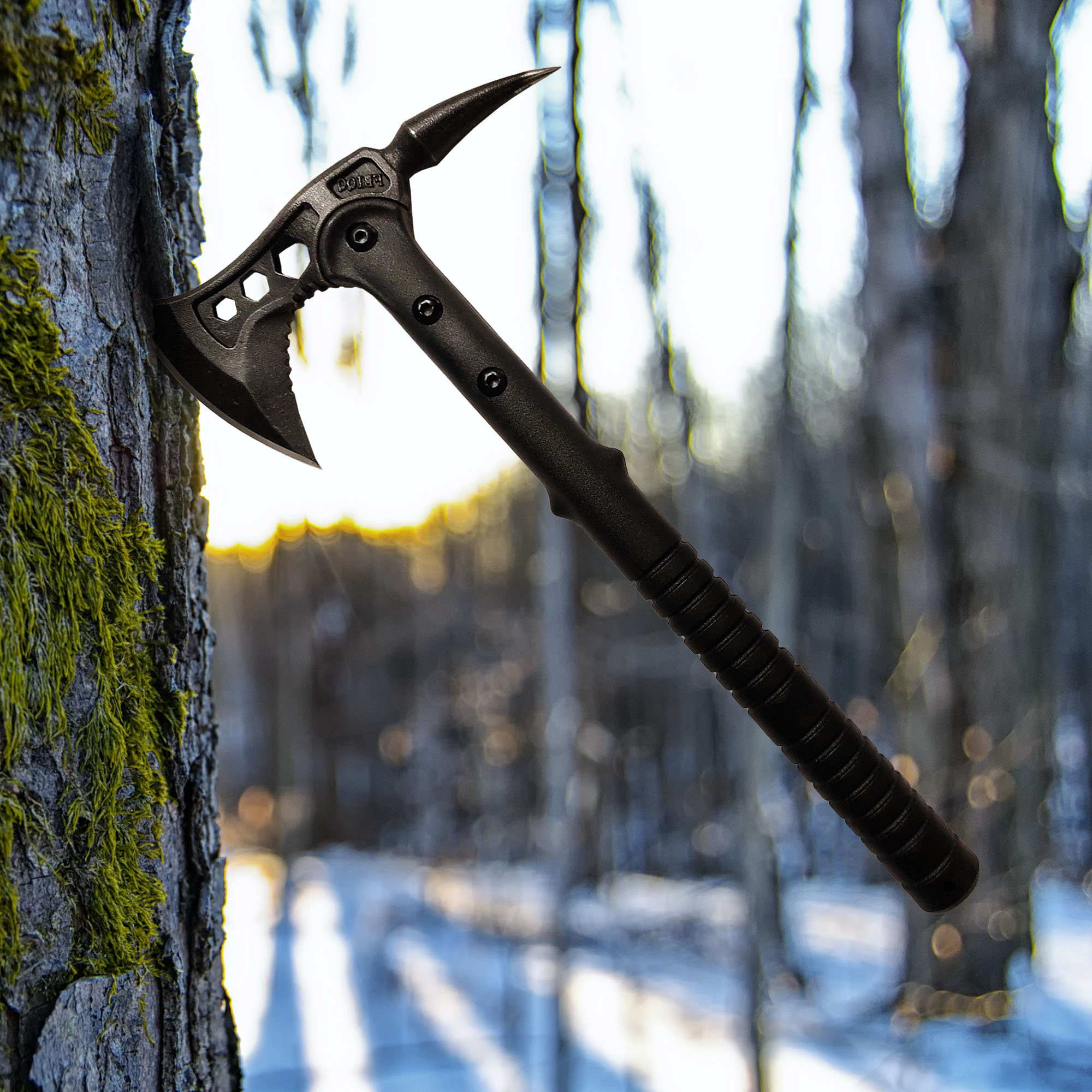 Survival axe with spiked head and sheath