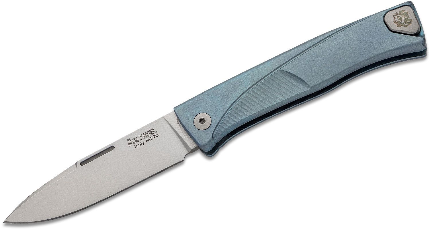 Thrill, M390 Satin Blade, Blue Titanium Handle