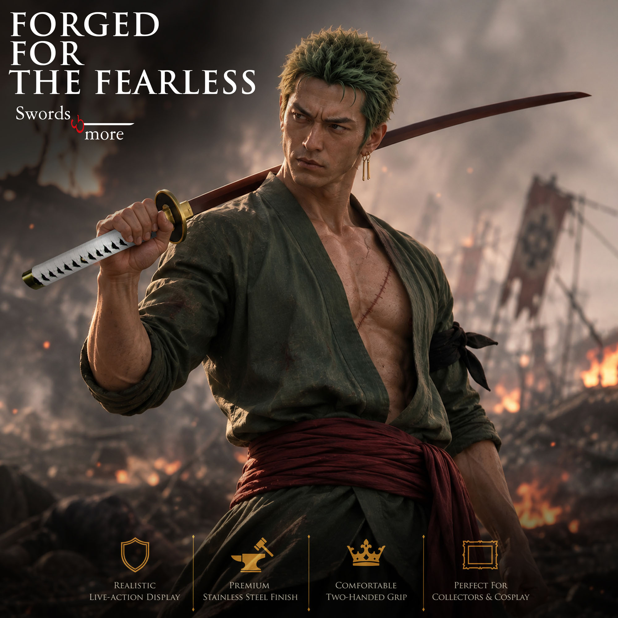 Wado-Ichi-Monji by Roronoa Zoro katana - handforged & folded, Set - Blood Damascus Edition