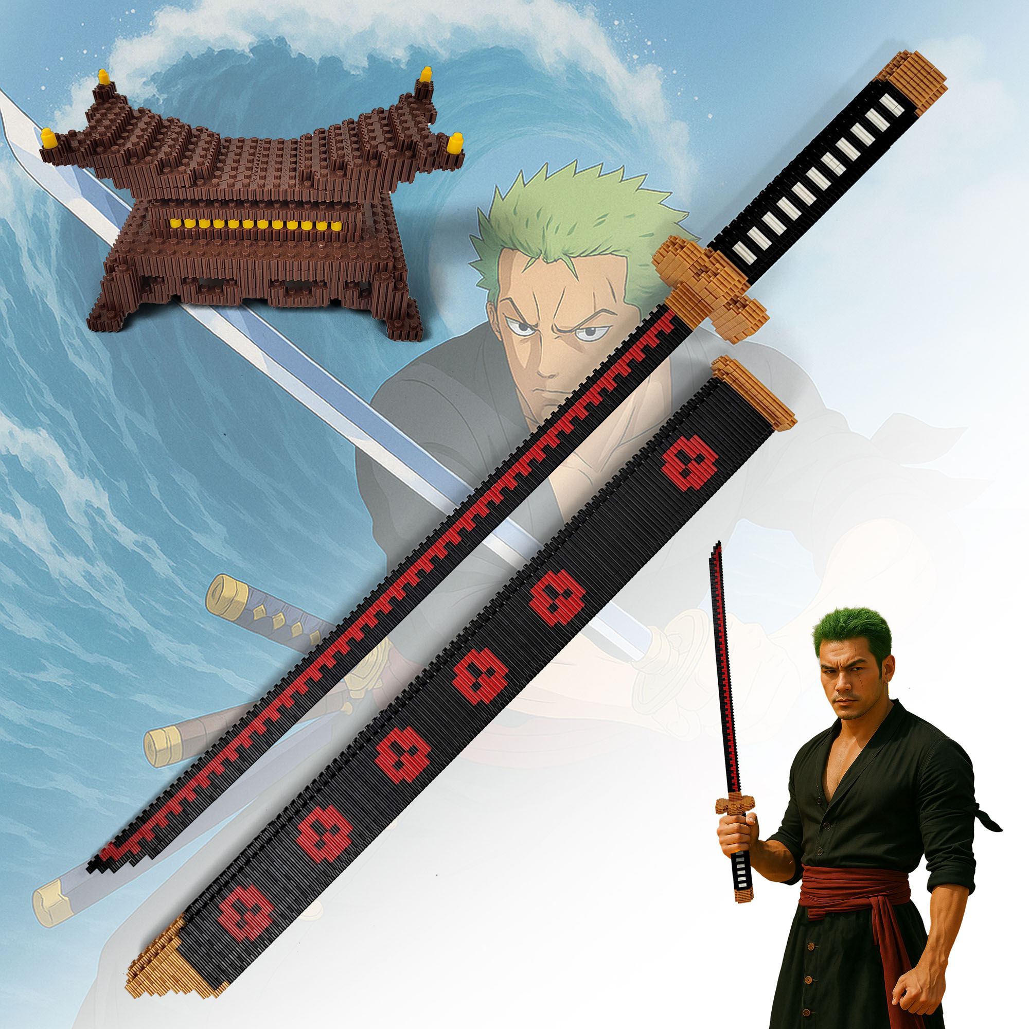 One Piece - Zoro's Shuusui Schwert mit Scheide und Ständer - Baustein Version